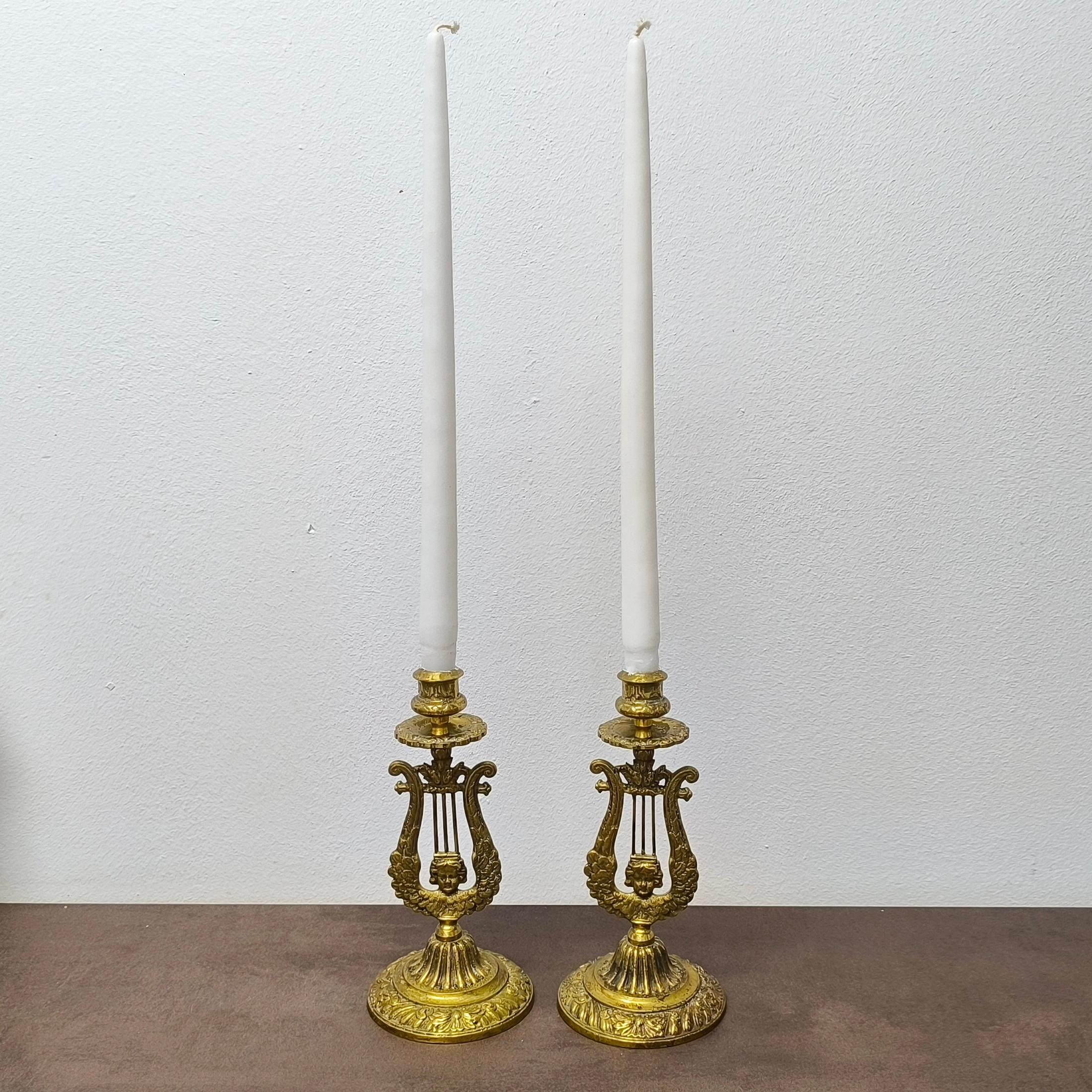 Pair of Neoclassical Lyre-Form Brass Candlesticks, Sculptural and Ornate For Sale 6