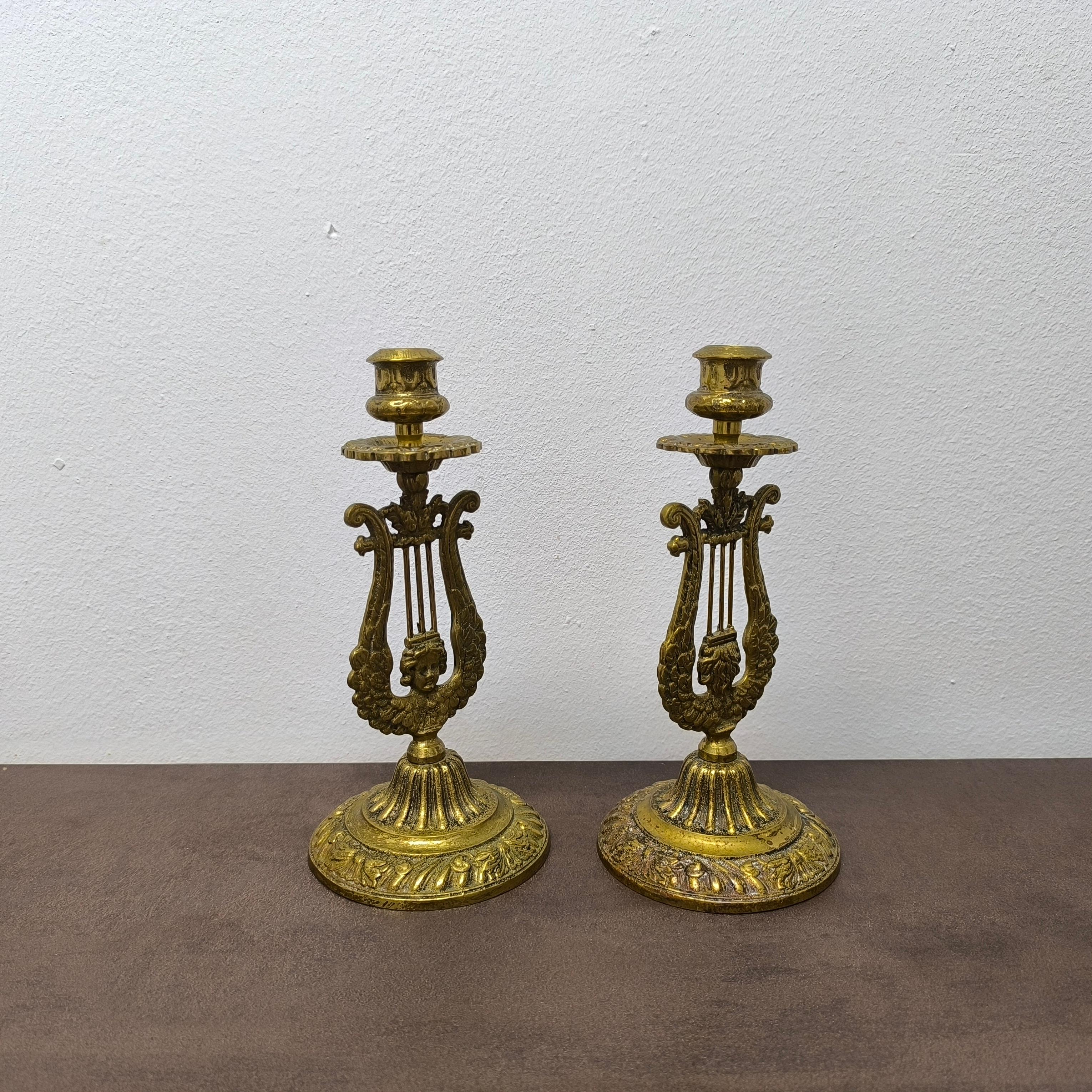 Swedish Pair of Neoclassical Lyre-Form Brass Candlesticks, Sculptural and Ornate For Sale
