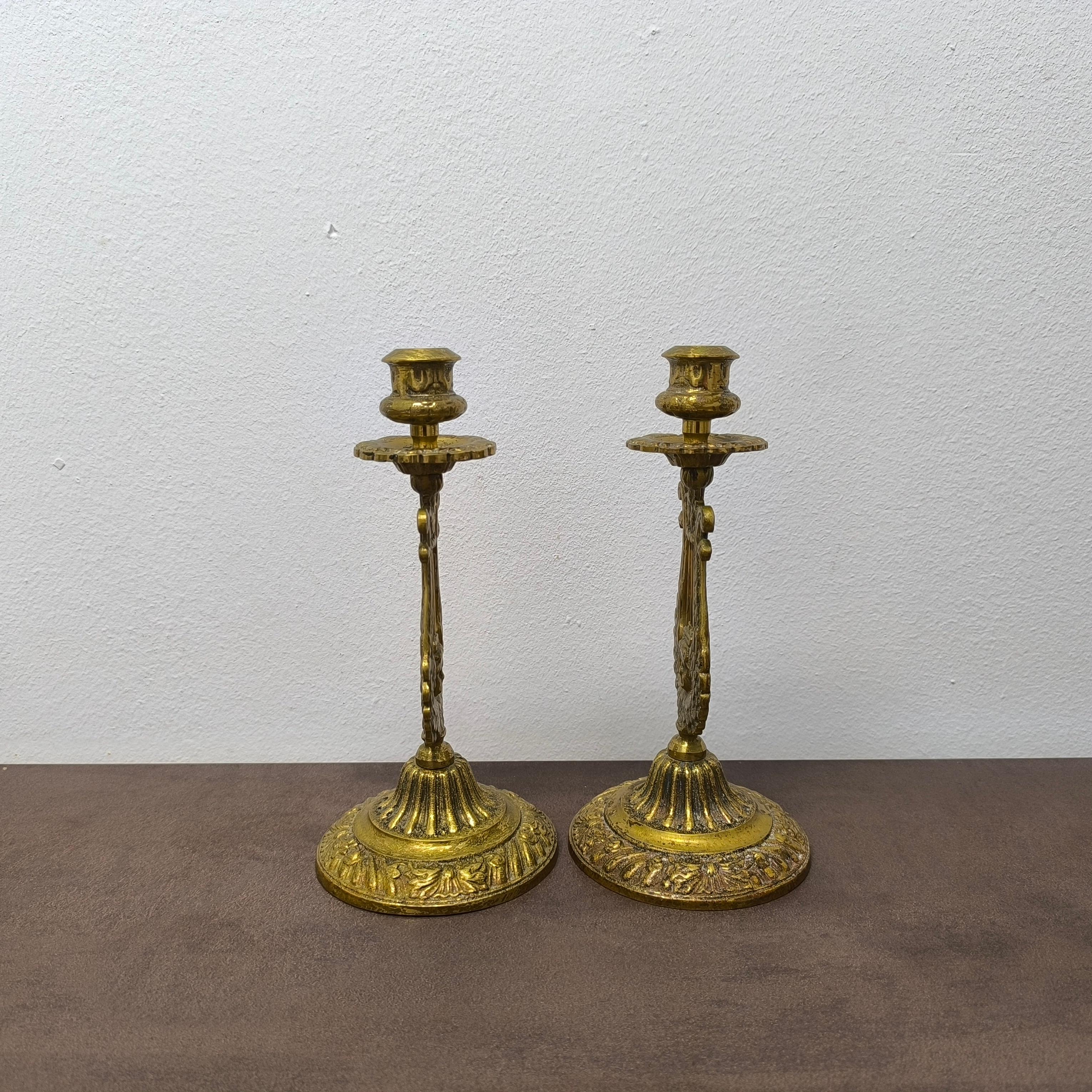 Cast Pair of Neoclassical Lyre-Form Brass Candlesticks, Sculptural and Ornate For Sale