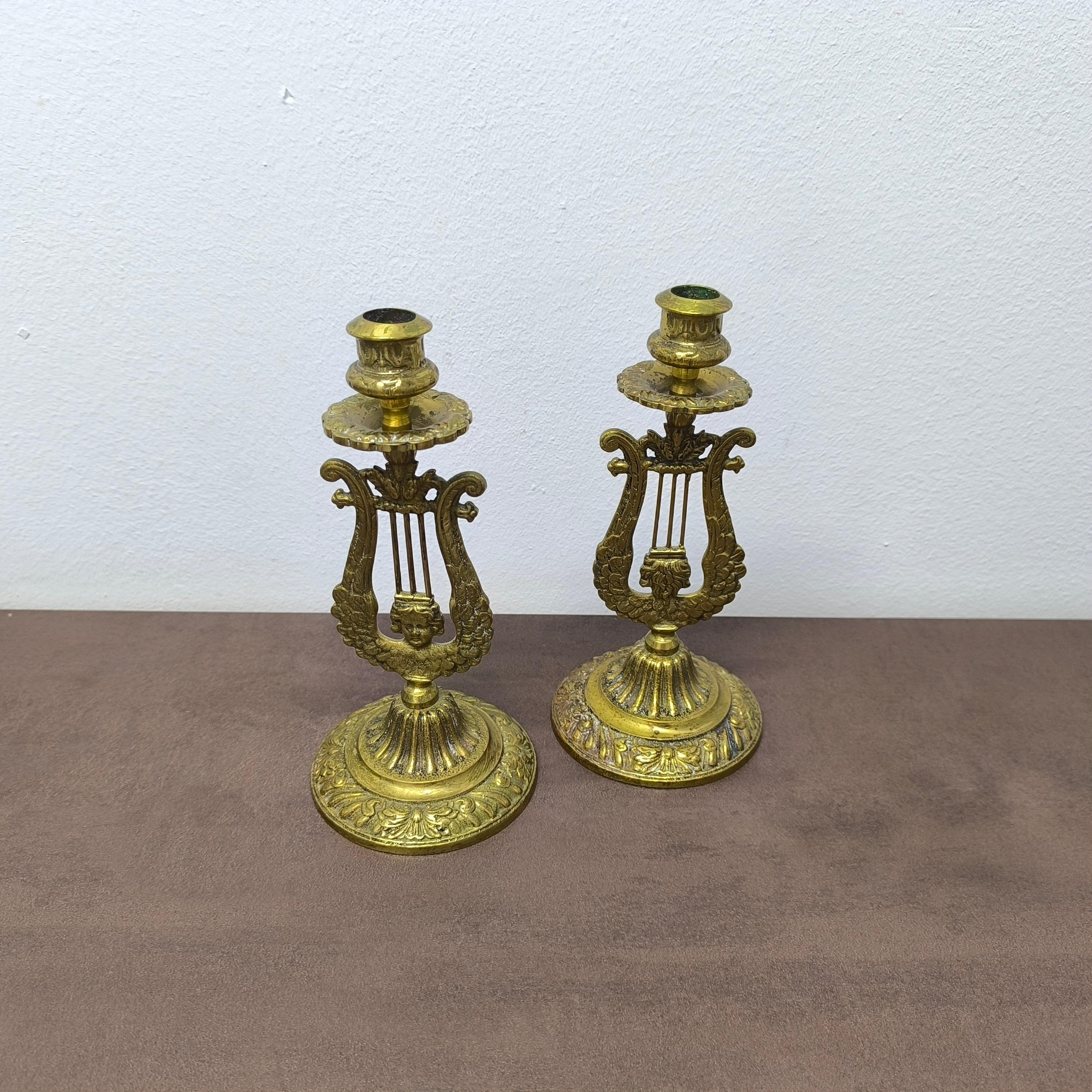 Late 20th Century Pair of Neoclassical Lyre-Form Brass Candlesticks, Sculptural and Ornate For Sale