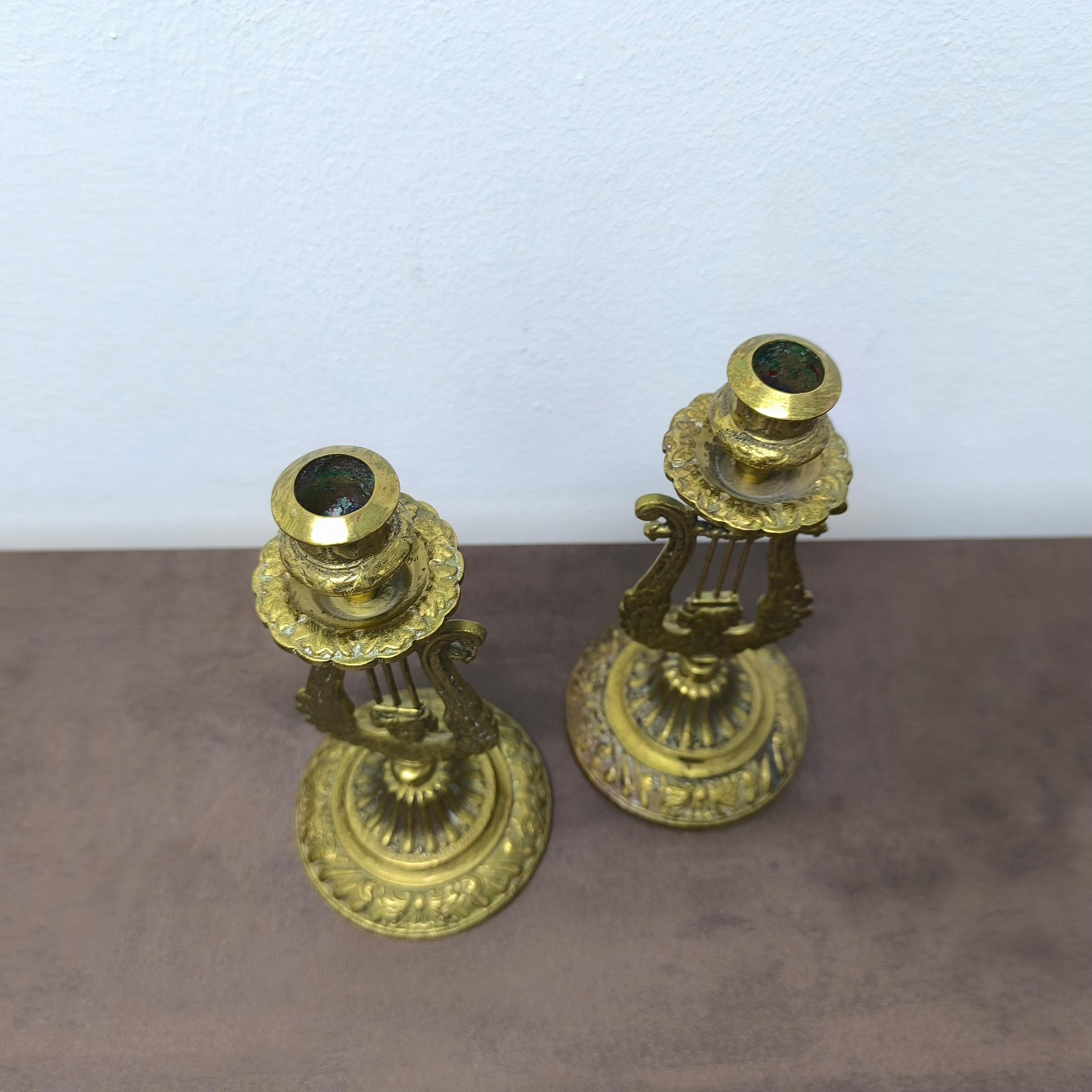 Pair of Neoclassical Lyre-Form Brass Candlesticks, Sculptural and Ornate For Sale 1