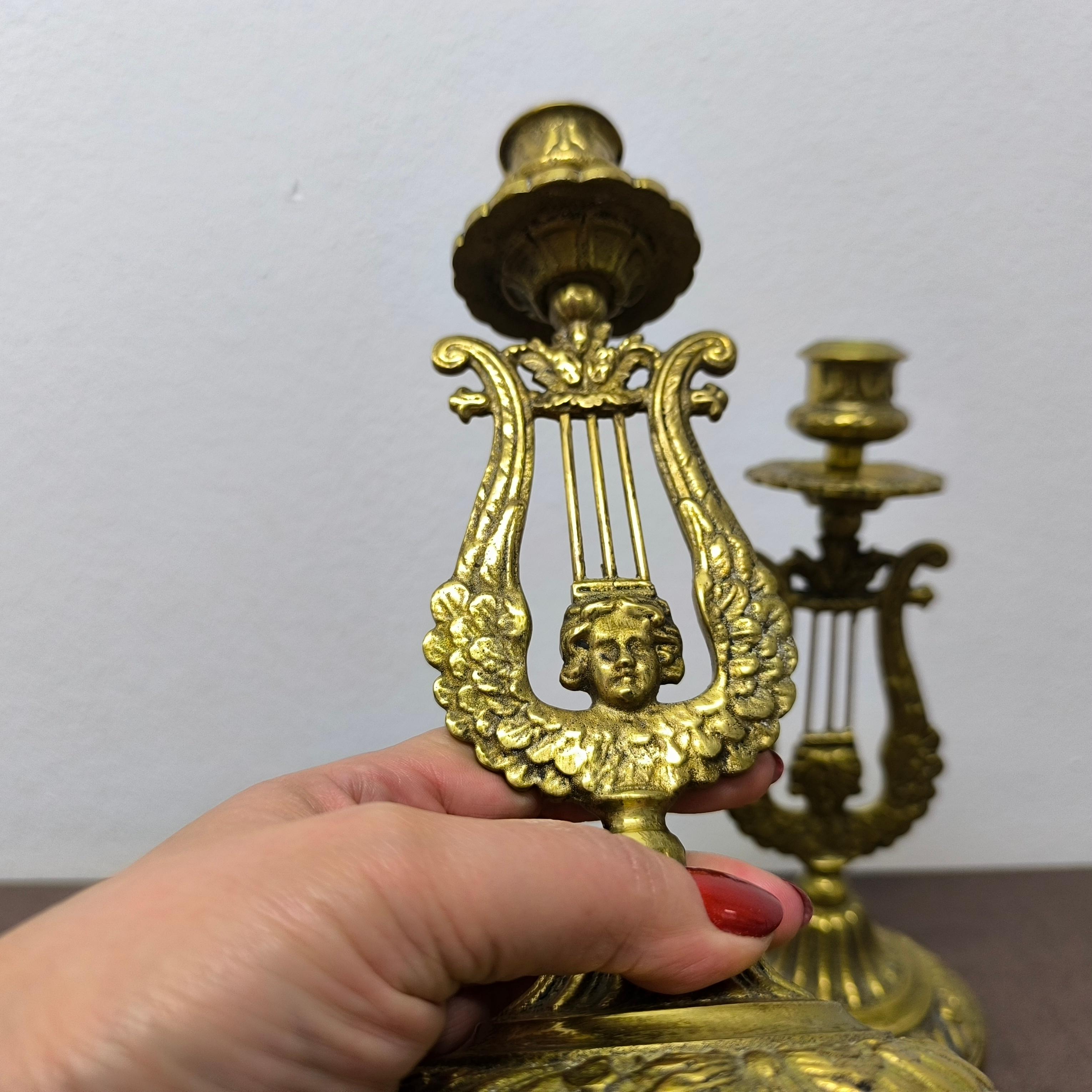 Pair of Neoclassical Lyre-Form Brass Candlesticks, Sculptural and Ornate For Sale 2
