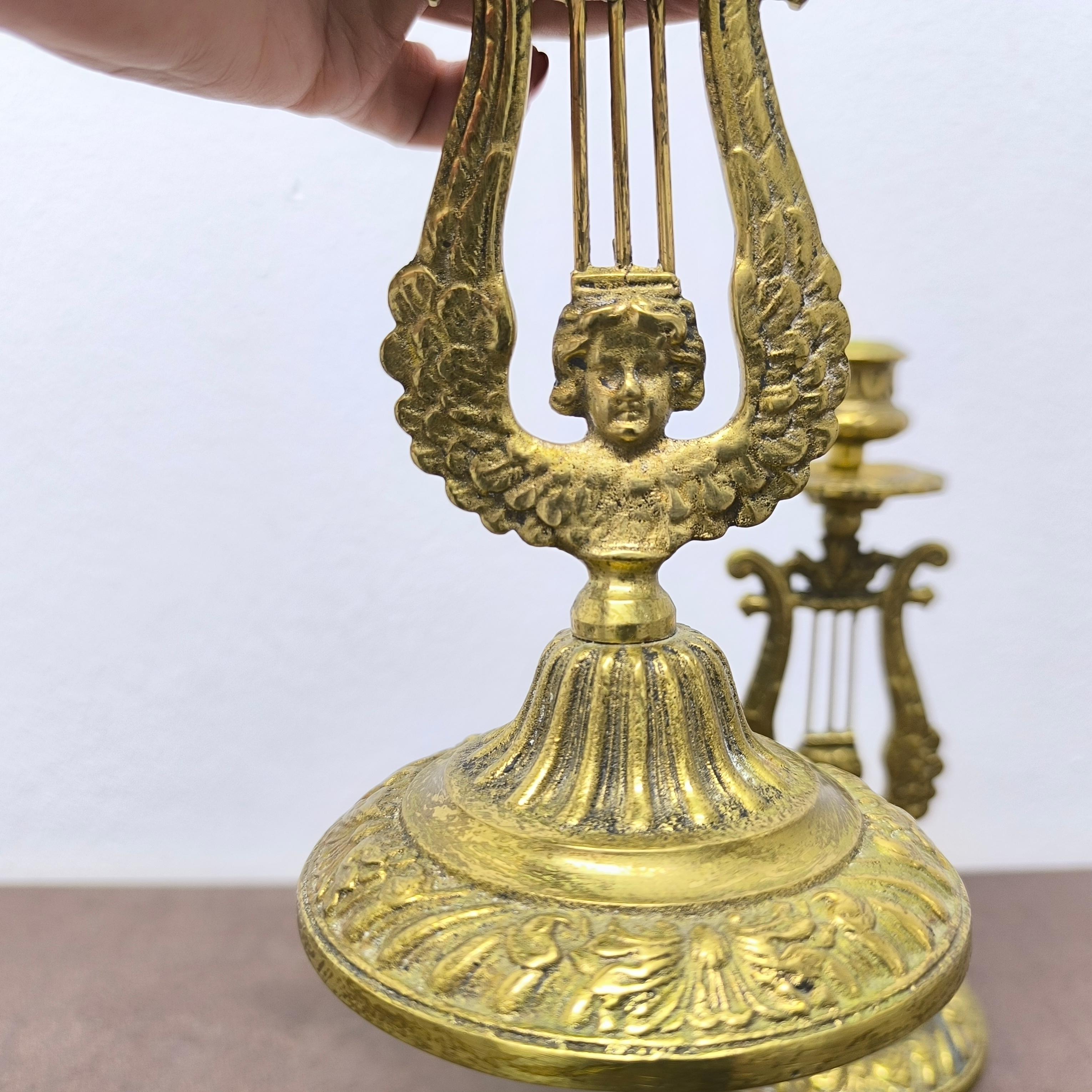 Pair of Neoclassical Lyre-Form Brass Candlesticks, Sculptural and Ornate For Sale 3