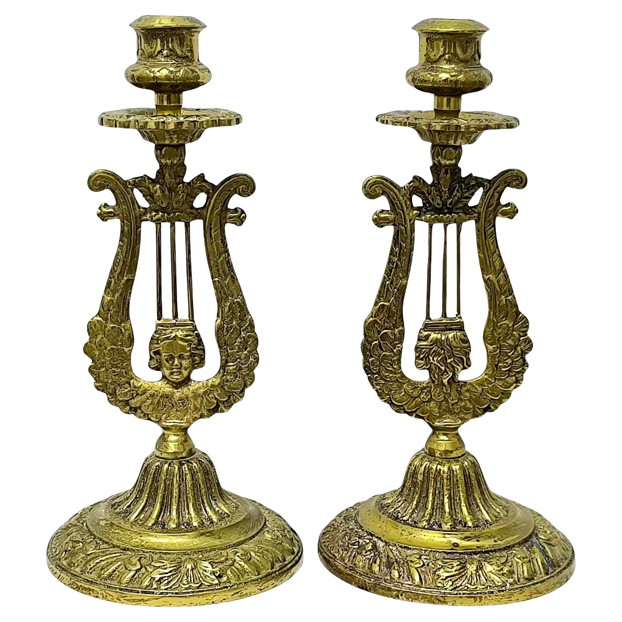 Pair of Neoclassical Lyre-Form Brass Candlesticks, Sculptural and Ornate