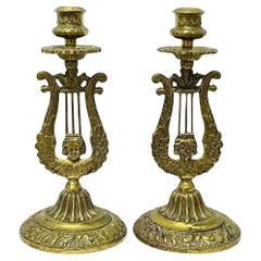 Pair of Neoclassical Lyre-Form Brass Candlesticks, Sculptural and Ornate