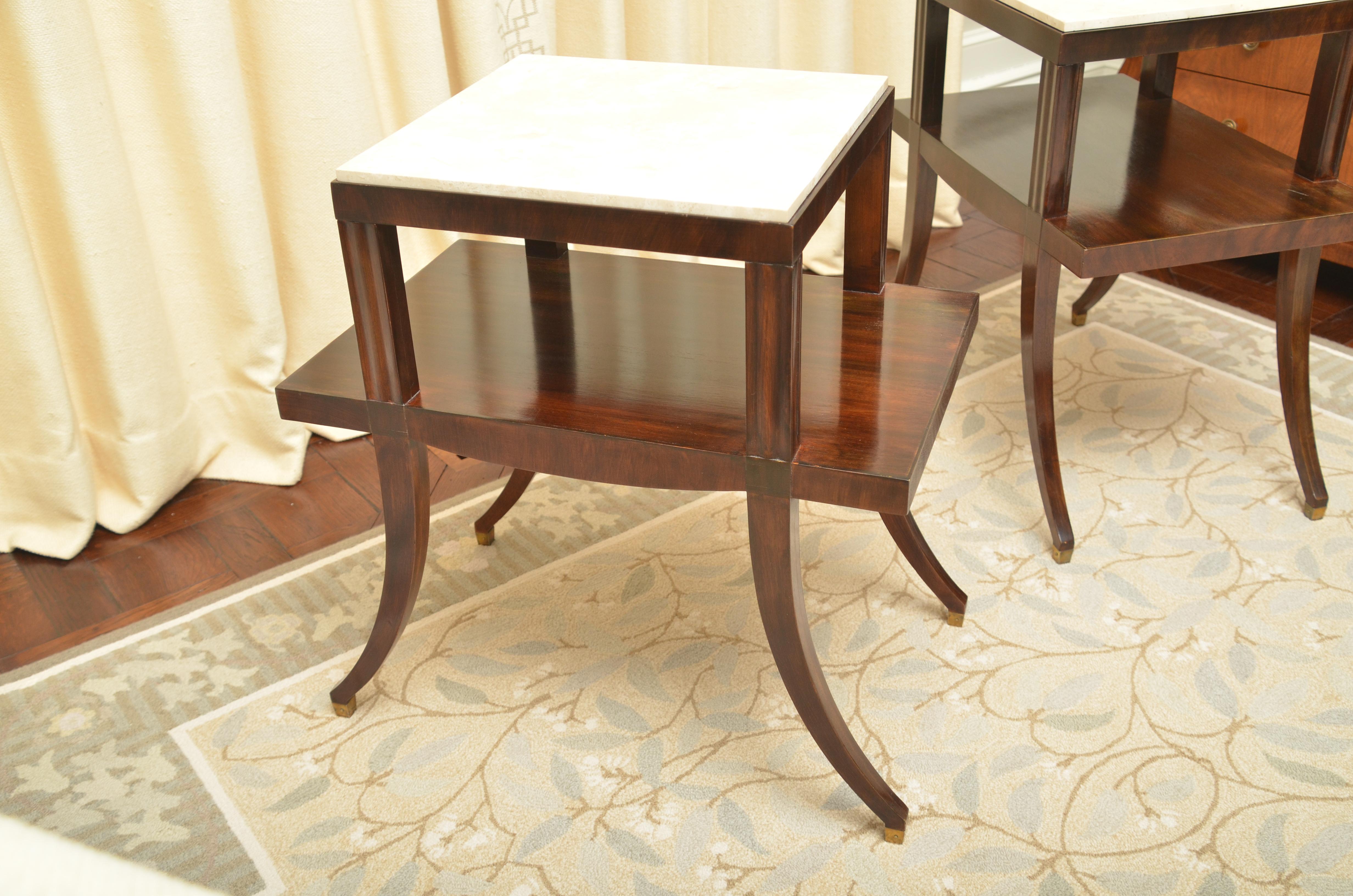 Pair of Neoclassical Mahogany and Travertine Two-Tier Tables 5