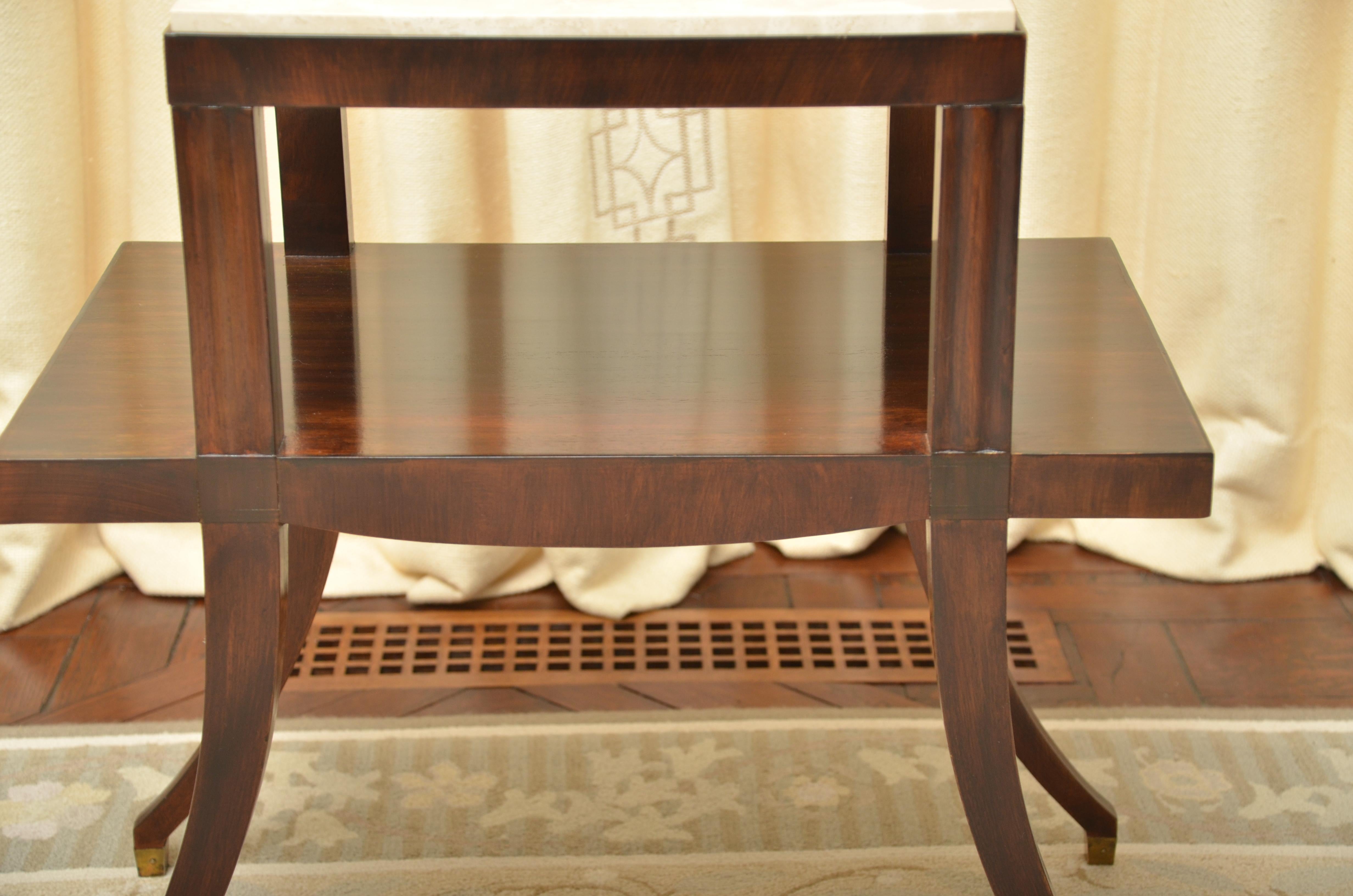 Pair of Neoclassical Mahogany and Travertine Two-Tier Tables 6