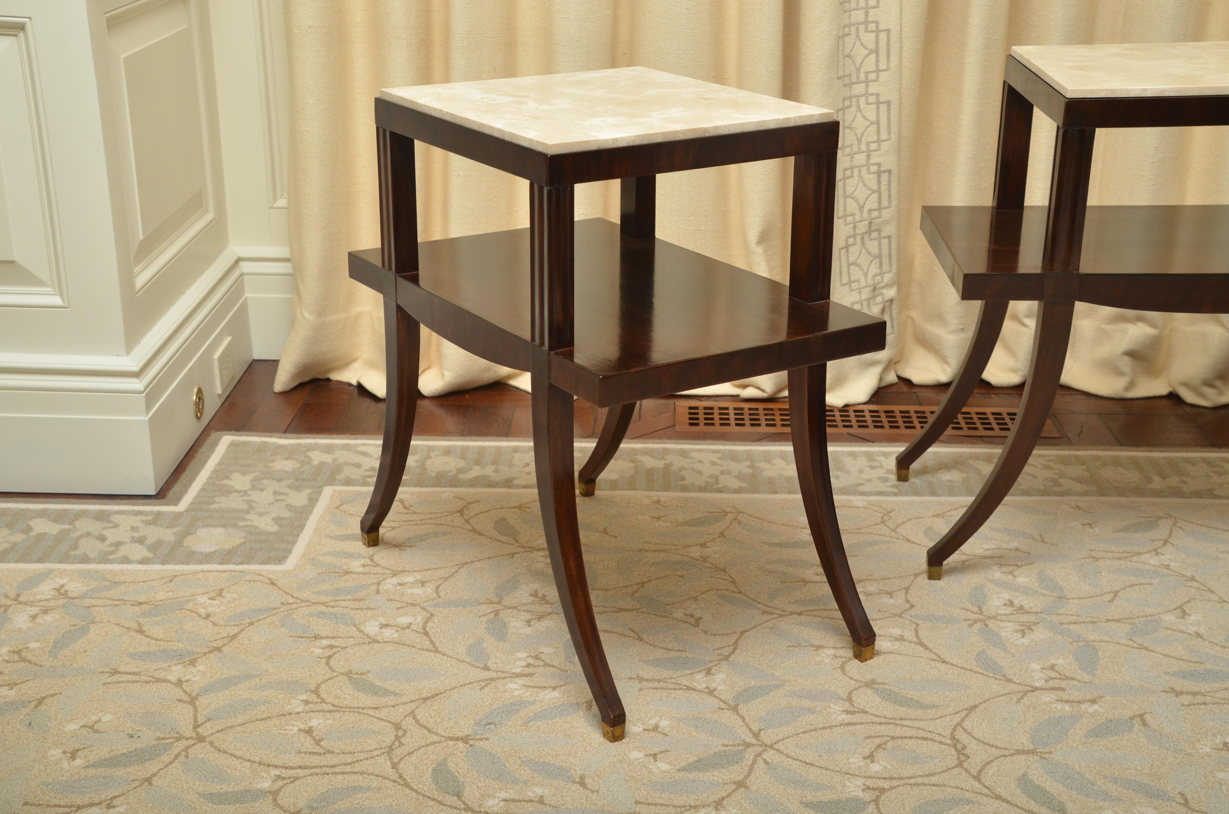 American Pair of Neoclassical Mahogany and Travertine Two-Tier Tables