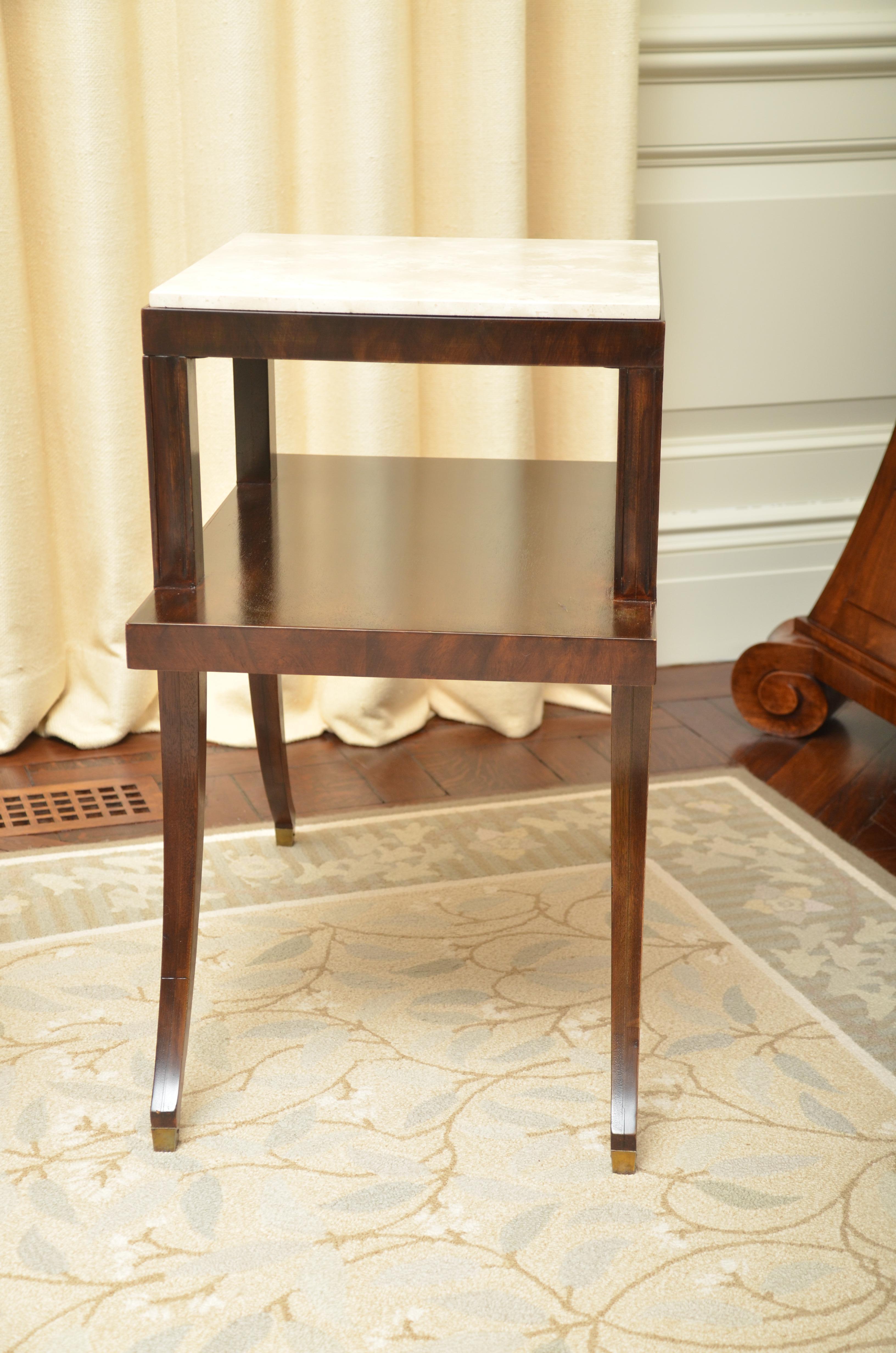 Pair of Neoclassical Mahogany and Travertine Two-Tier Tables In Good Condition In New York, NY