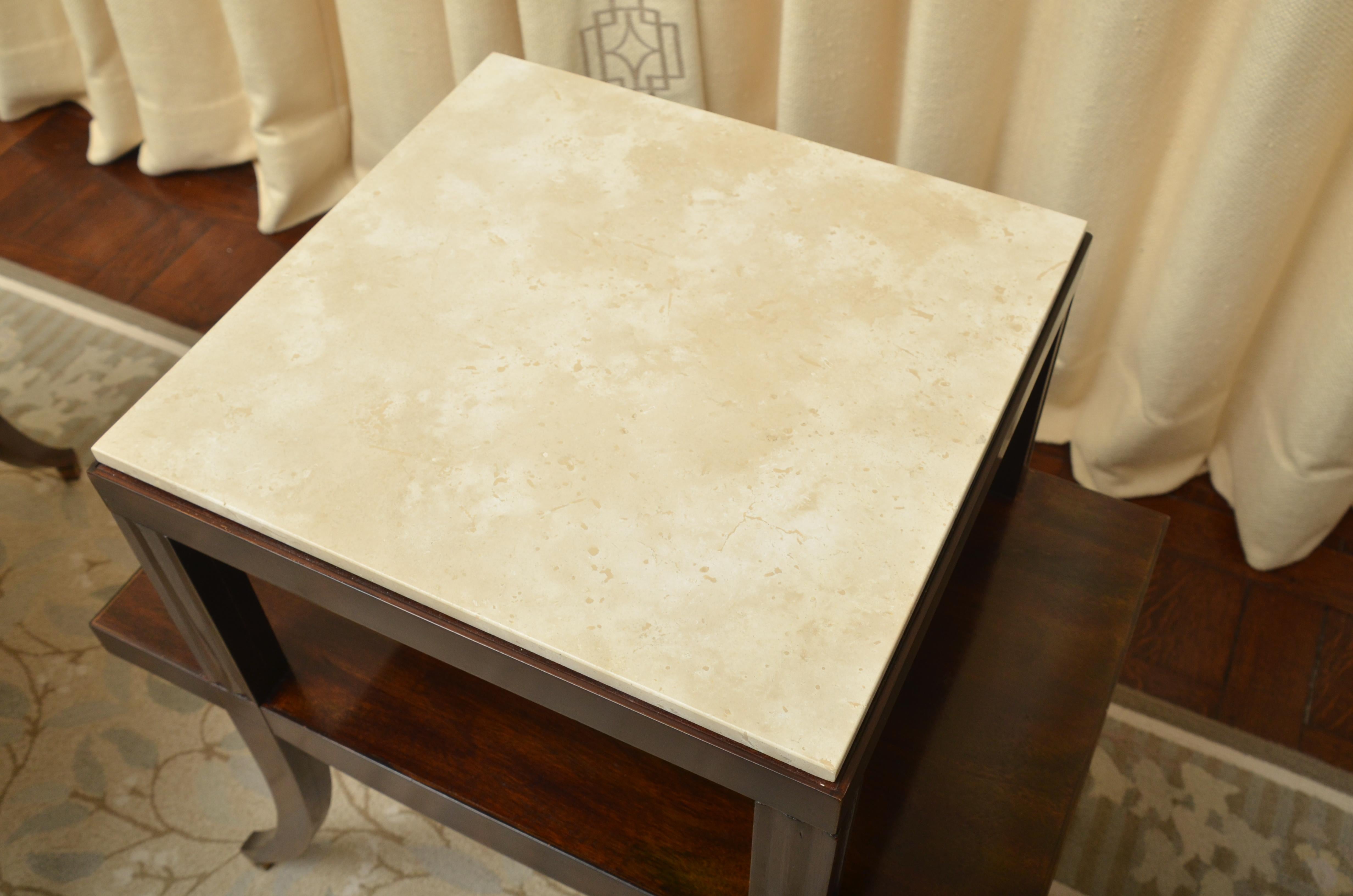 Contemporary Pair of Neoclassical Mahogany and Travertine Two-Tier Tables