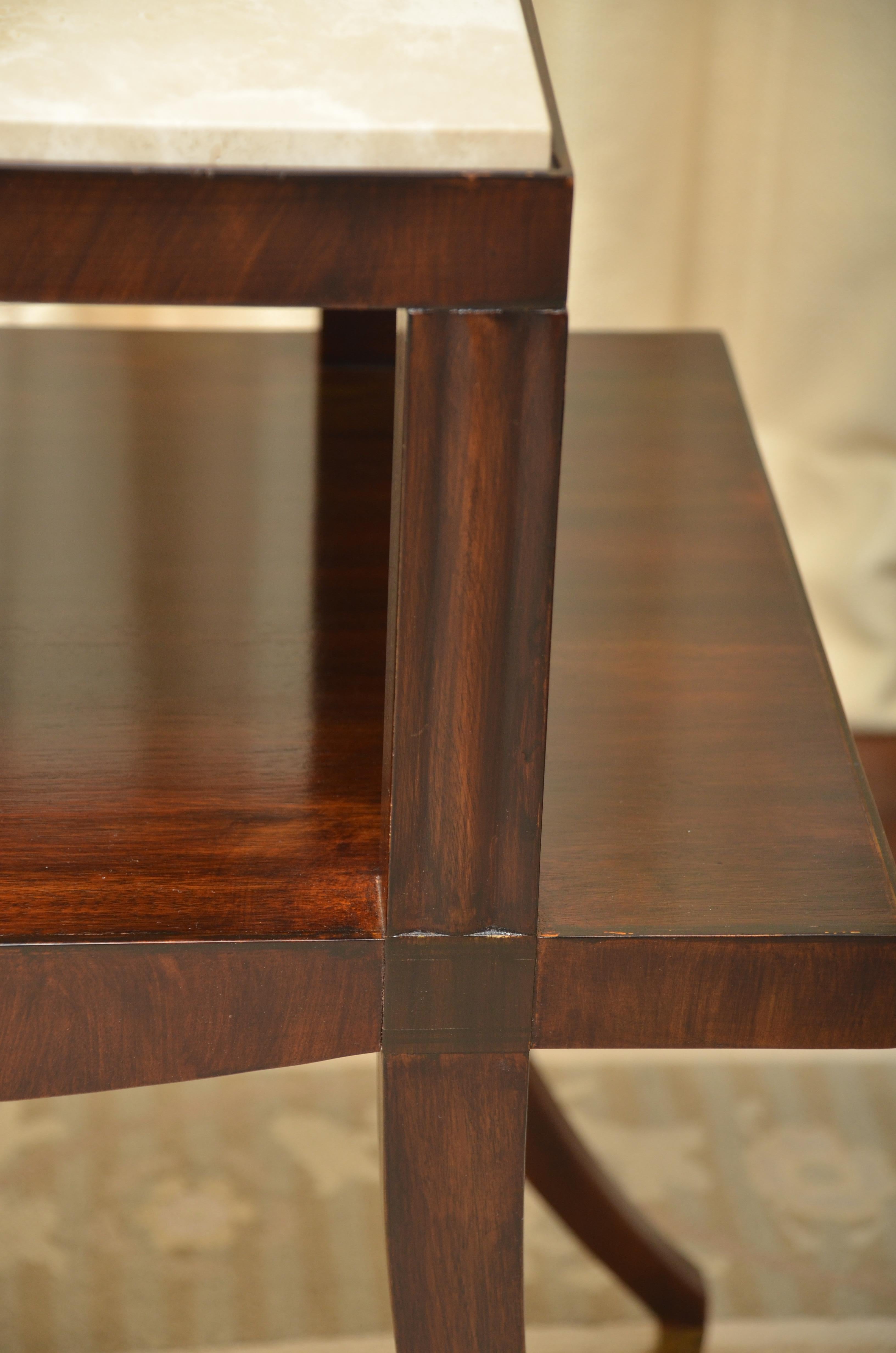 Pair of Neoclassical Mahogany and Travertine Two-Tier Tables 1