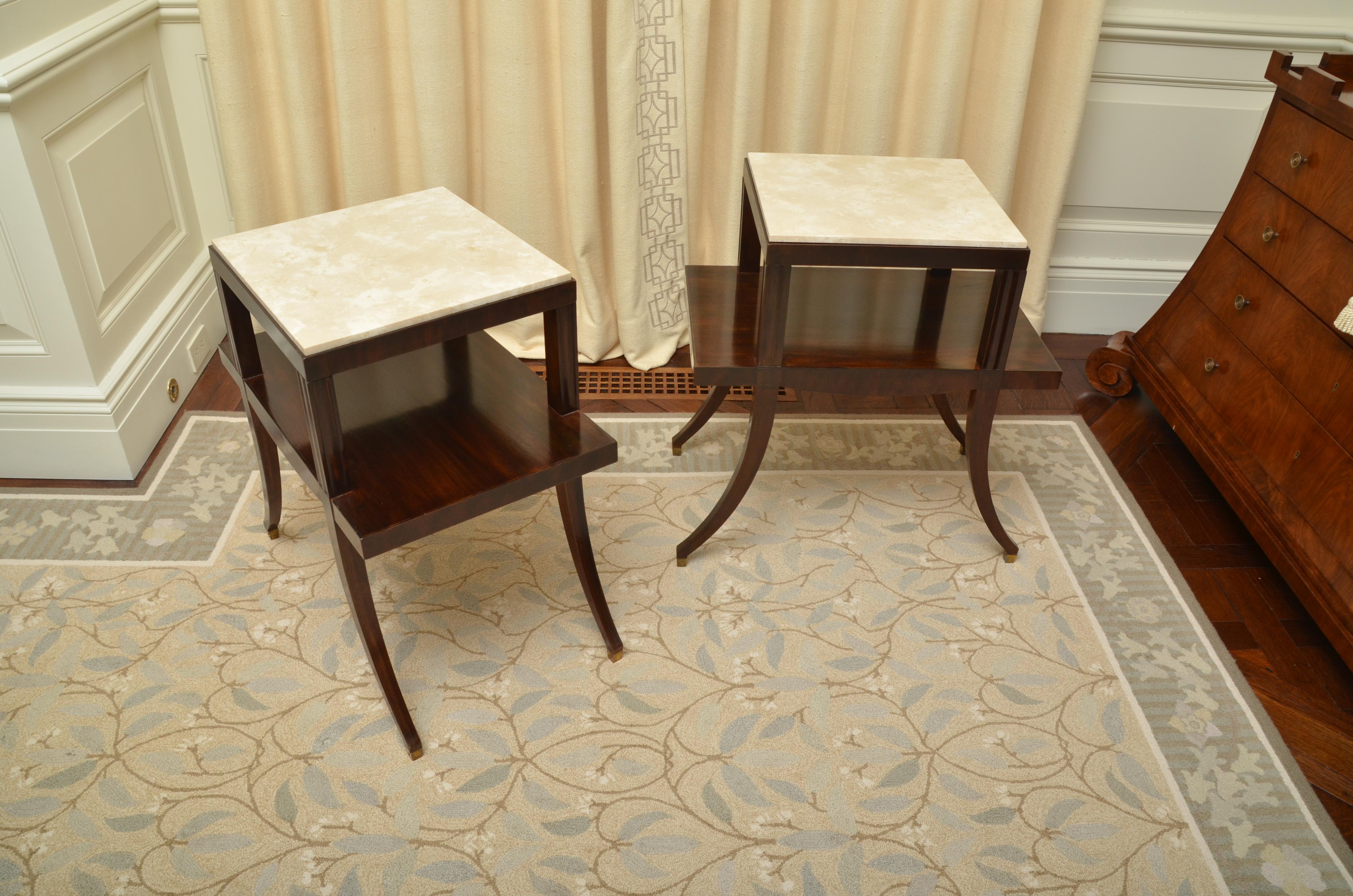 Pair of Neoclassical Mahogany and Travertine Two-Tier Tables 2