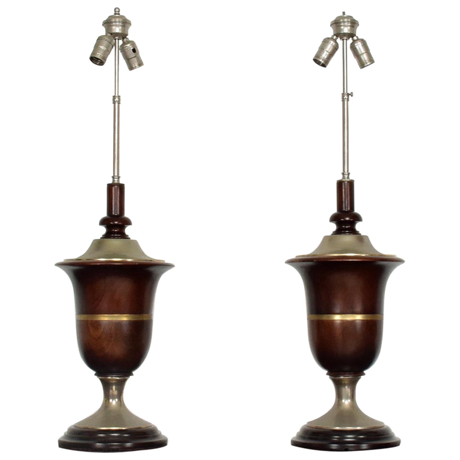  Neoclassical Mahogany Adjustable Table Lamps Mexican Modern Luis Barragan 1940s