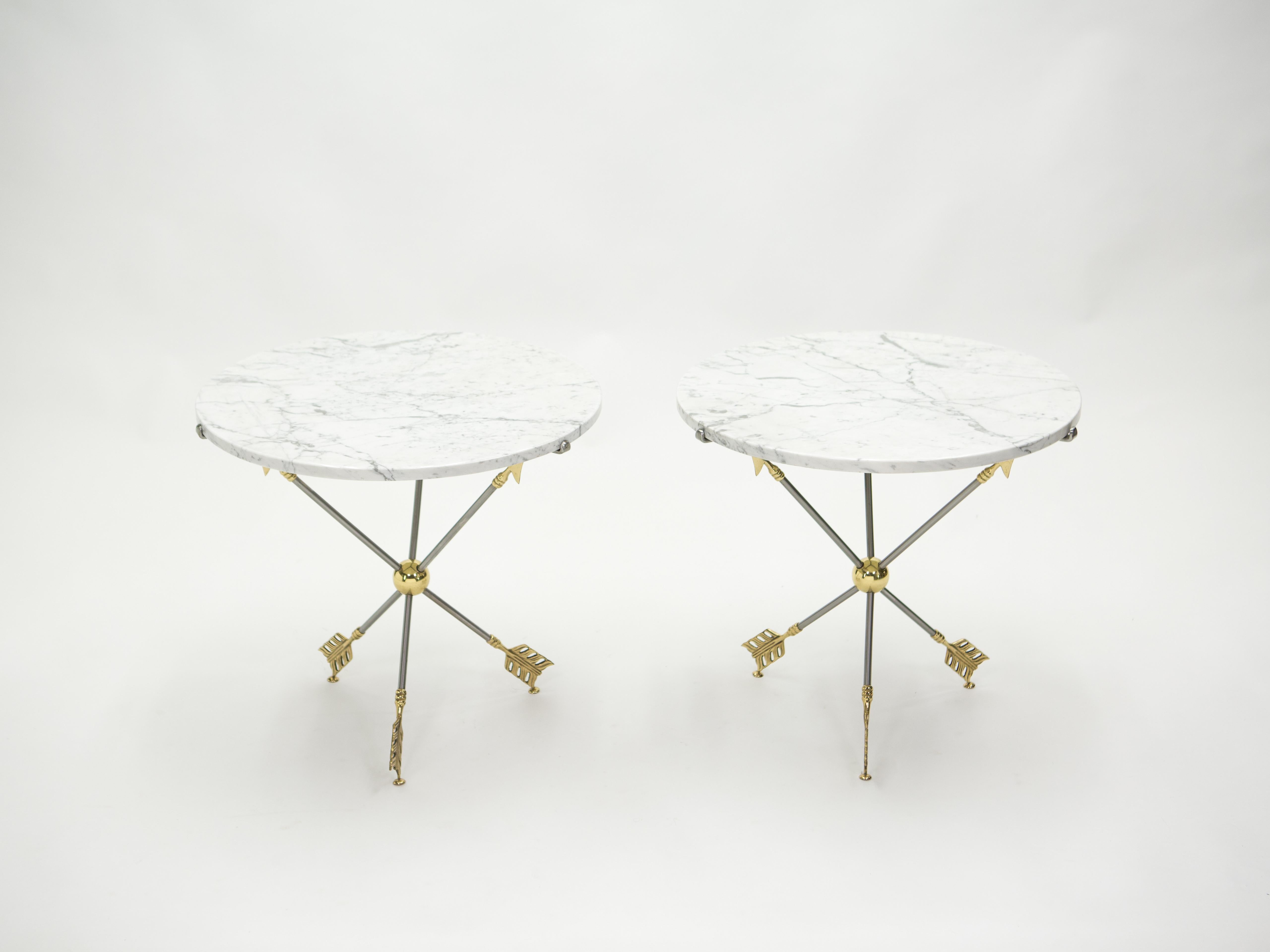 Pair of Neoclassical Maison Jansen Brass Marble Arrows Gueridon Tables, 1970s 5