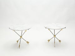 Pair of Neoclassical Maison Jansen Brass Marble Arrows Gueridon Tables, 1970s