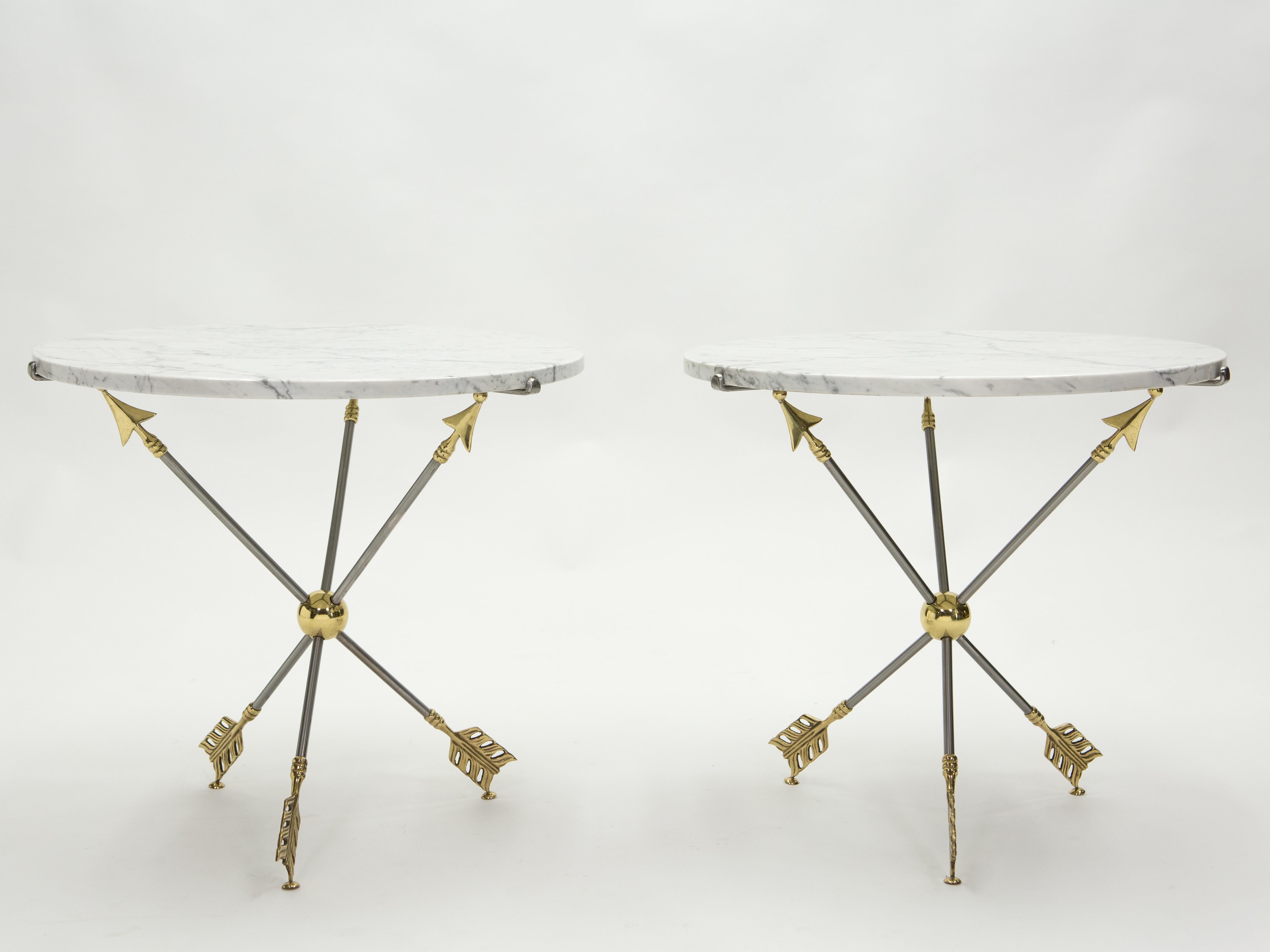 Mid-Century Modern Pair of Neoclassical Maison Jansen Brass Marble Arrows Gueridon Tables, 1970s