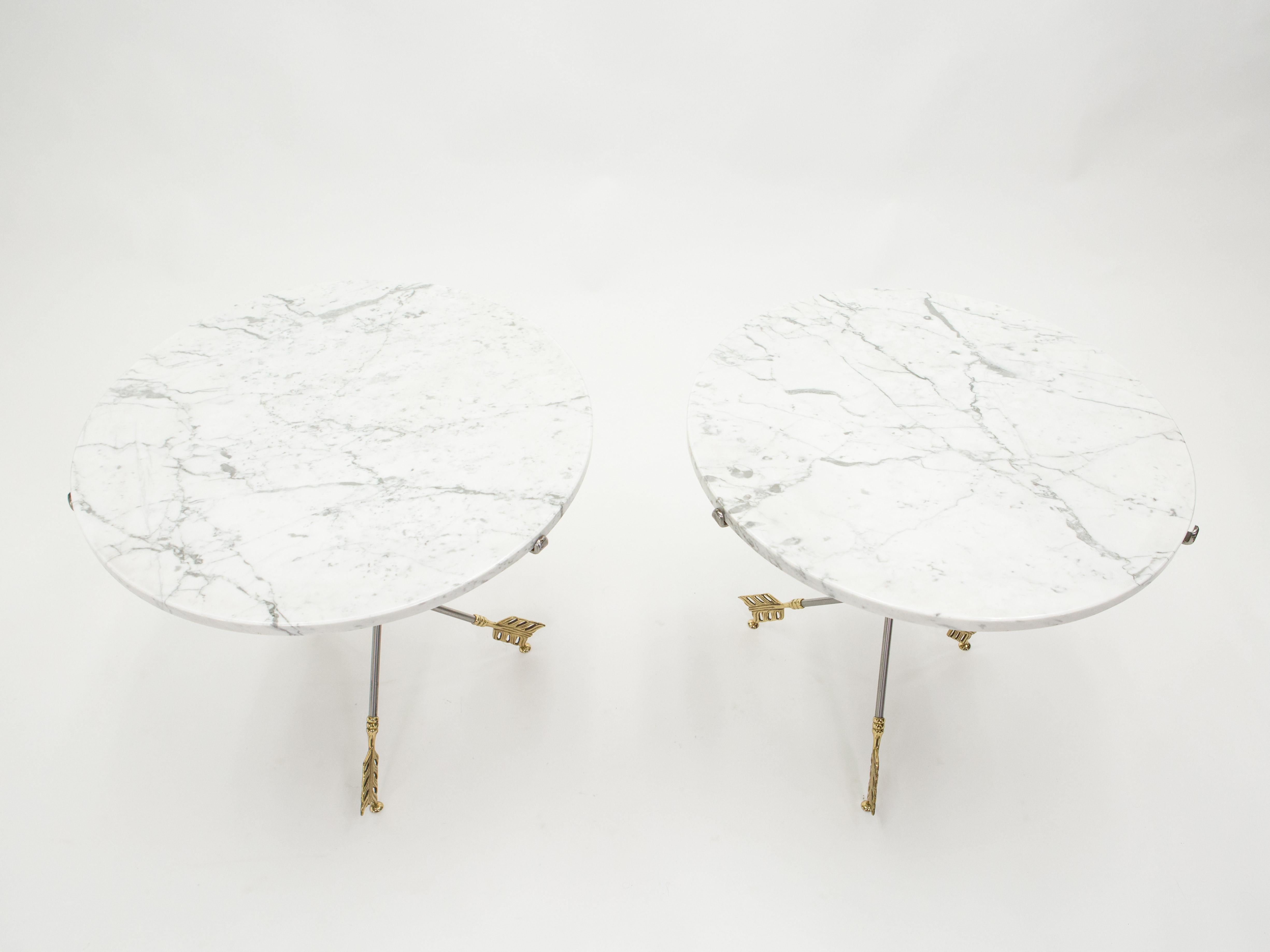 French Pair of Neoclassical Maison Jansen Brass Marble Arrows Gueridon Tables, 1970s