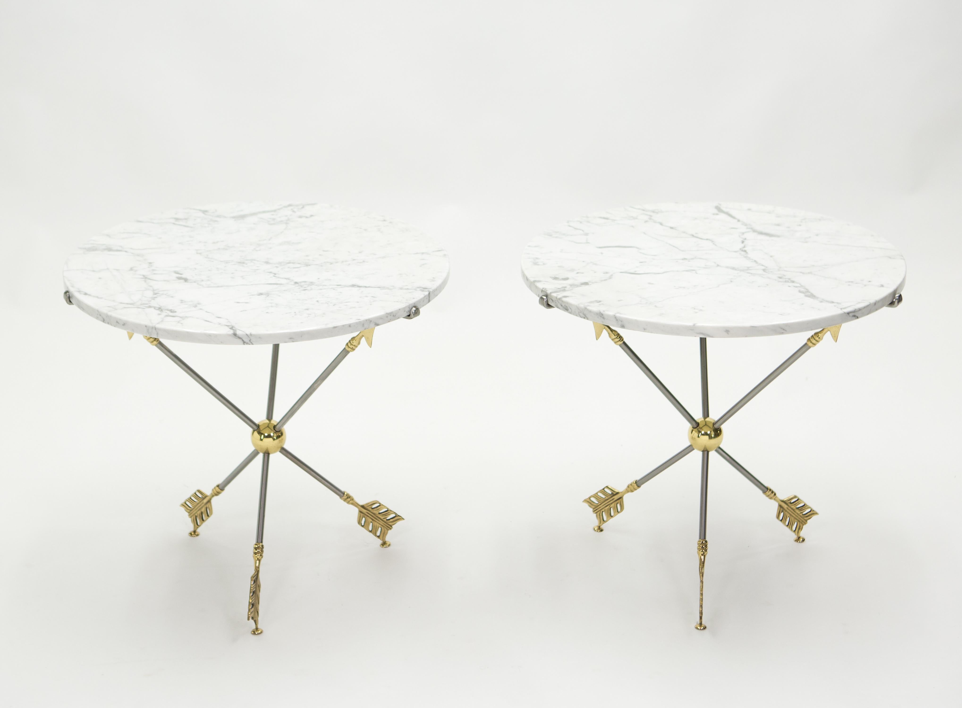 Pair of Neoclassical Maison Jansen Brass Marble Arrows Gueridon Tables, 1970s In Good Condition In Paris, IDF