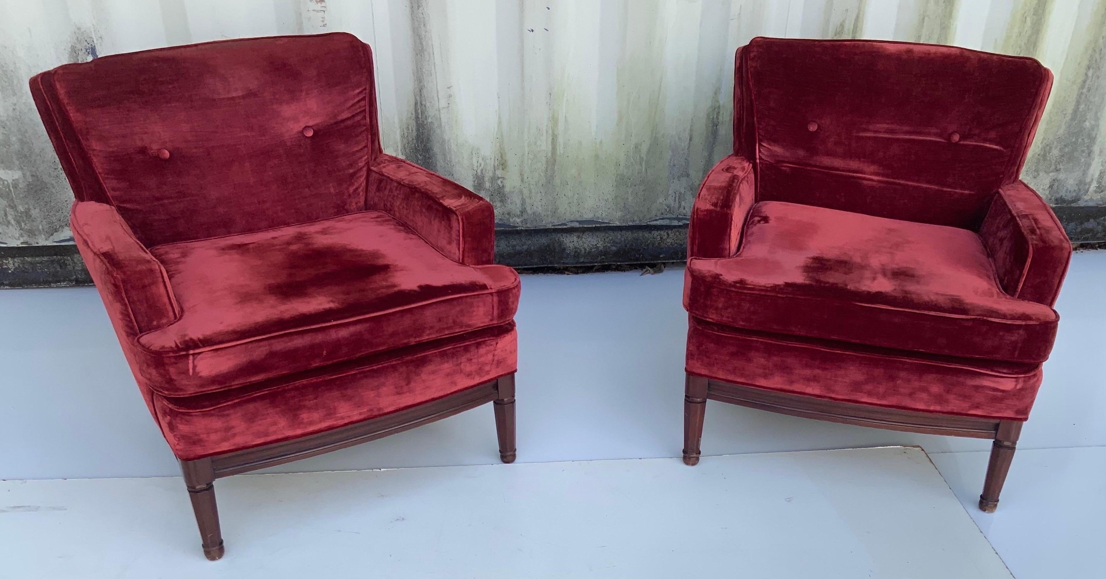Pair of French neoclassical Maison Jansen lounge chairs circa 1960. 2 Pairs available.
Priced by pair 
Original velvet fabric, very good condition.
Sturdy and very comfortable.