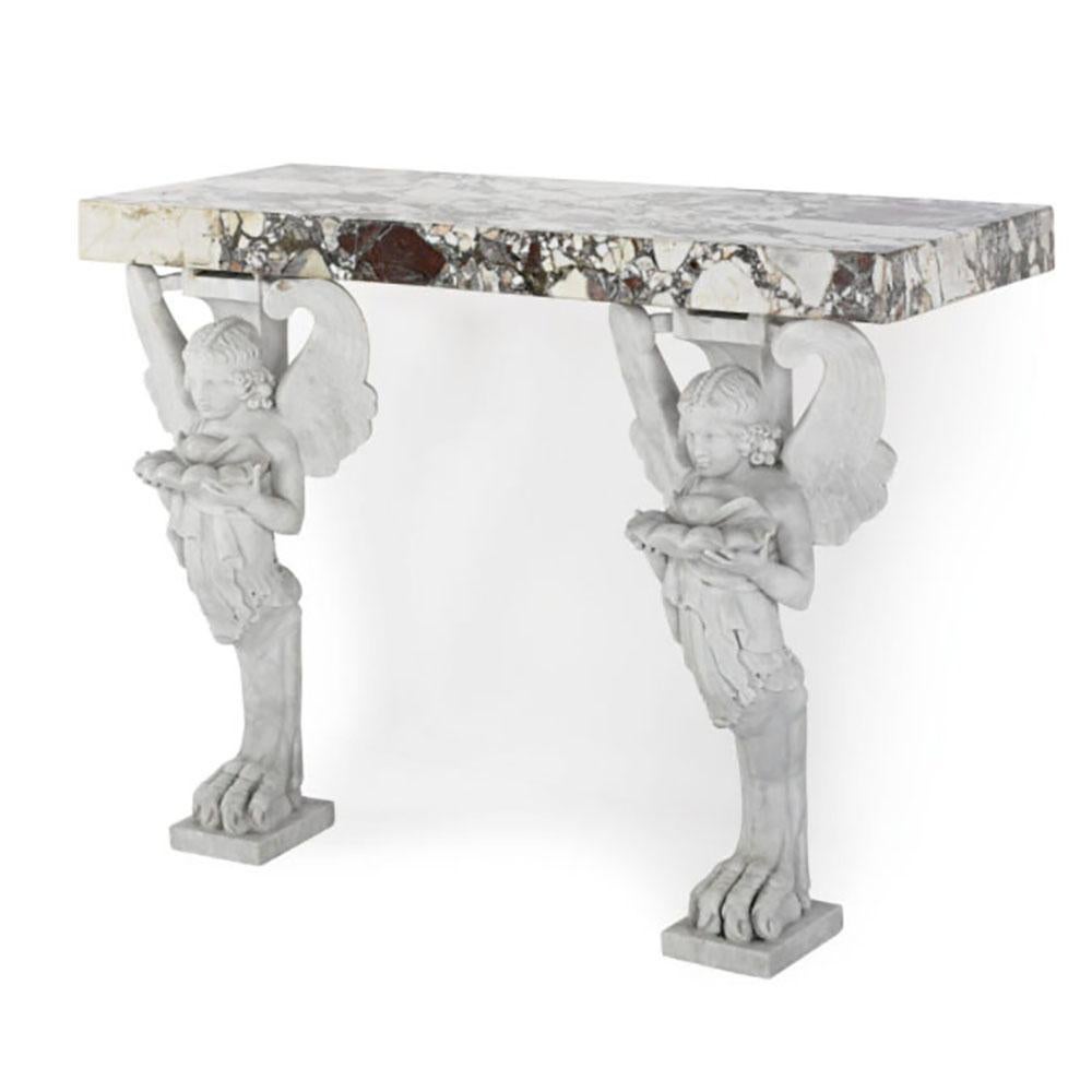 Breccia Marble Pair of Neoclassical Marble Console Tables