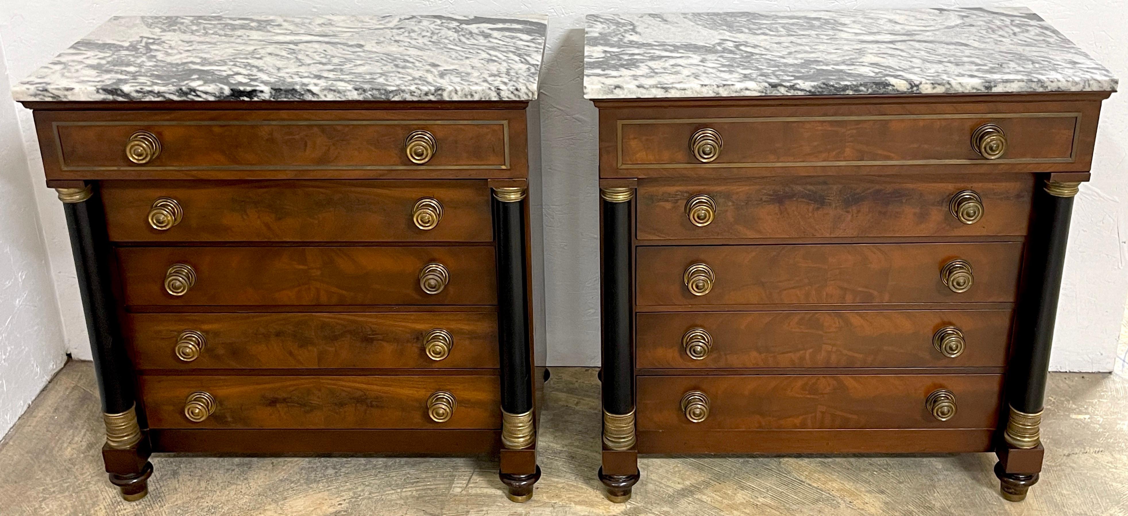 American Pair of Neoclassical Marble Top and Brass Mounted Nightstands/ Chests