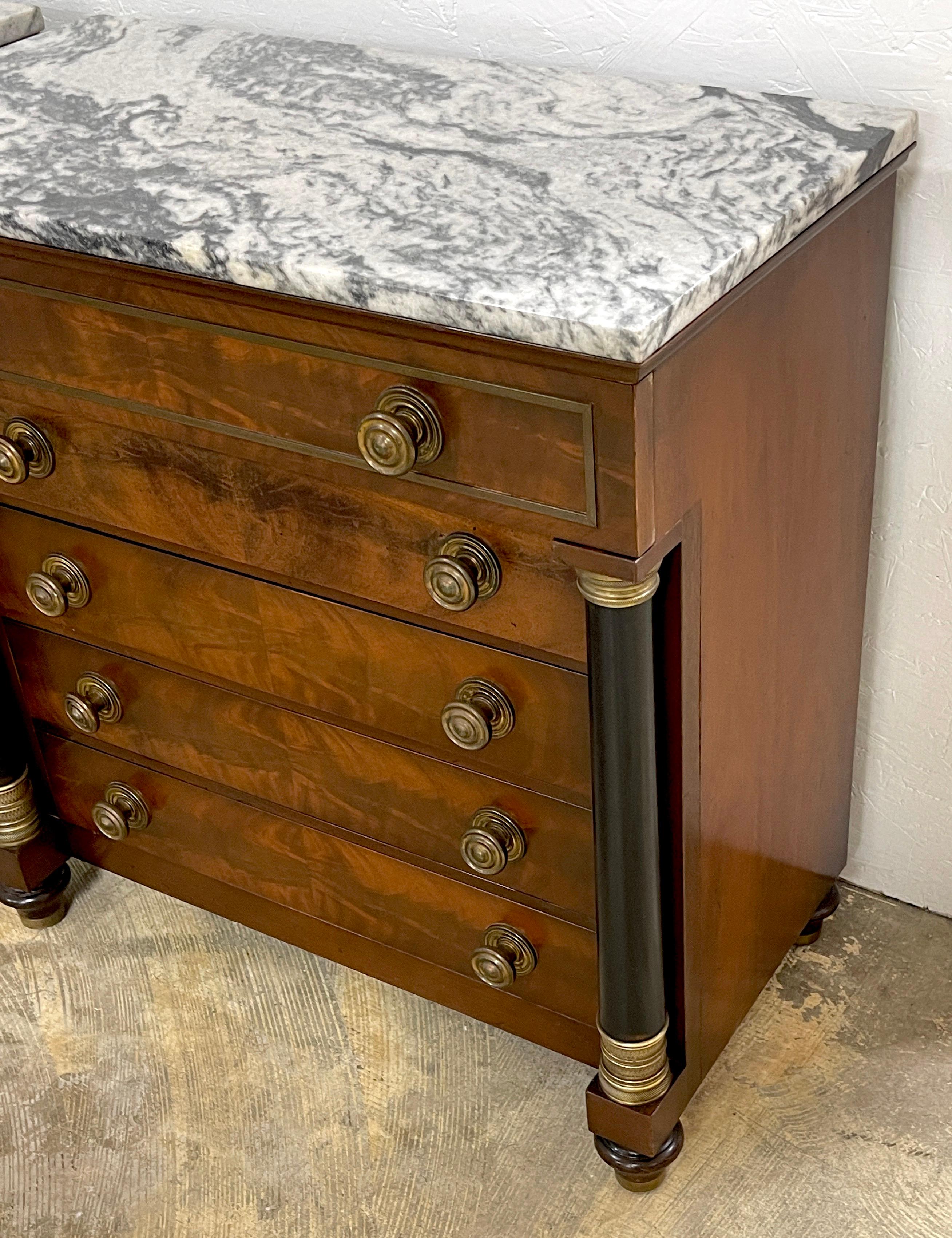 Pair of Neoclassical Marble Top and Brass Mounted Nightstands/ Chests In Good Condition In West Palm Beach, FL