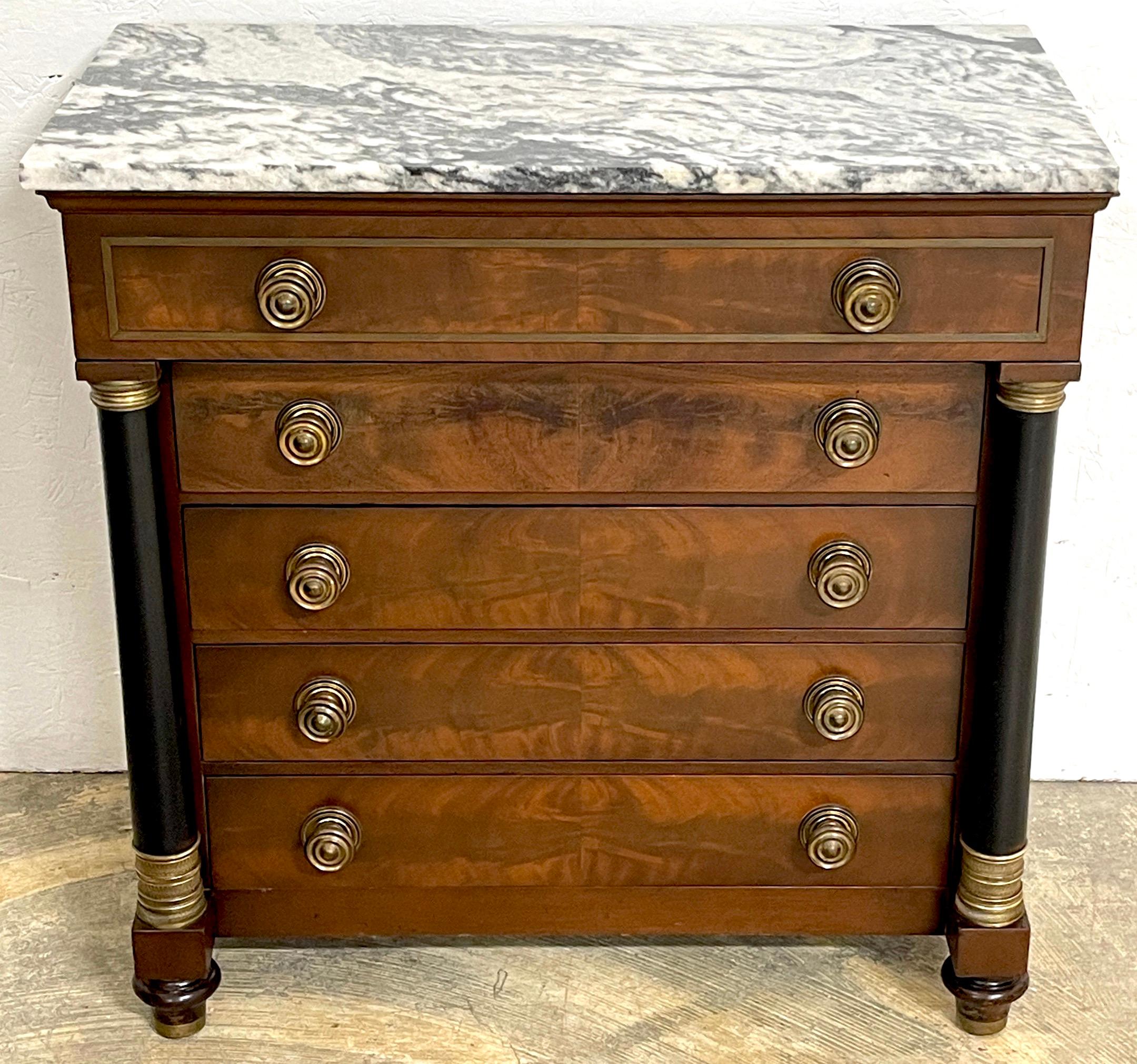 20th Century Pair of Neoclassical Marble Top and Brass Mounted Nightstands/ Chests