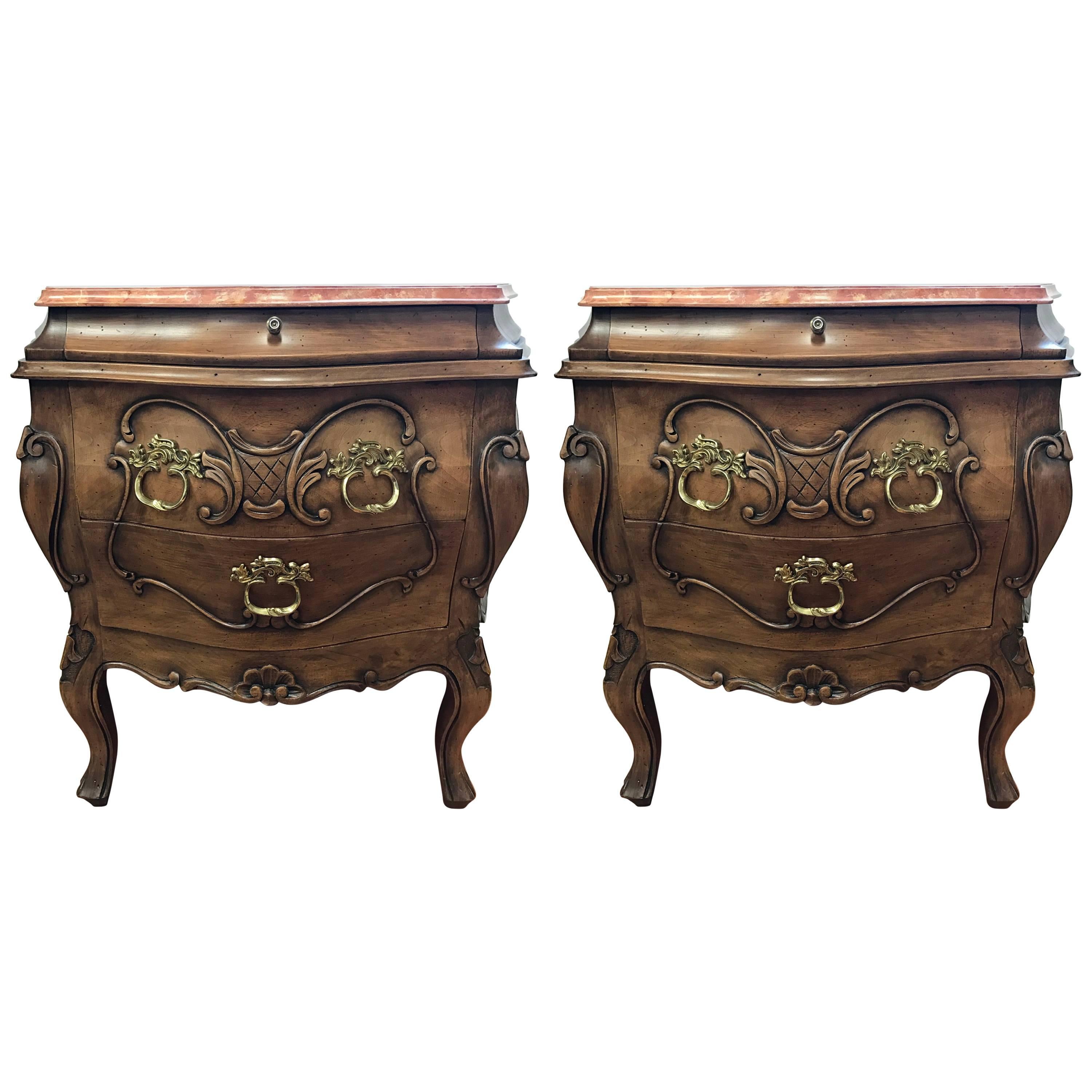Pair of Neoclassical Marble-Top Three-Drawer Nightstands Bombe Chests