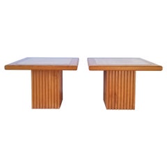 Vintage Pair of Neoclassical Oak and Beige Travertine End Tables, France, 1970s