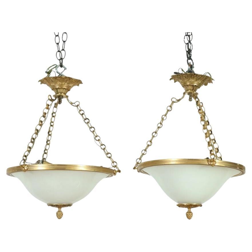 Pair of Neoclassical Ormolu & Milk Glass Pendants
