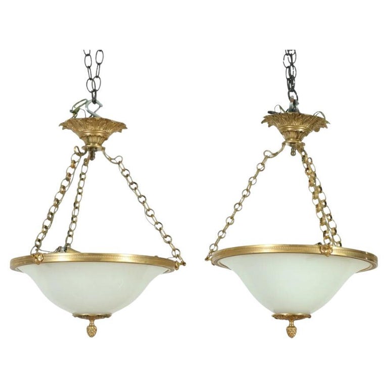 Pair of Neoclassical Ormolu & Milk Glass Pendants