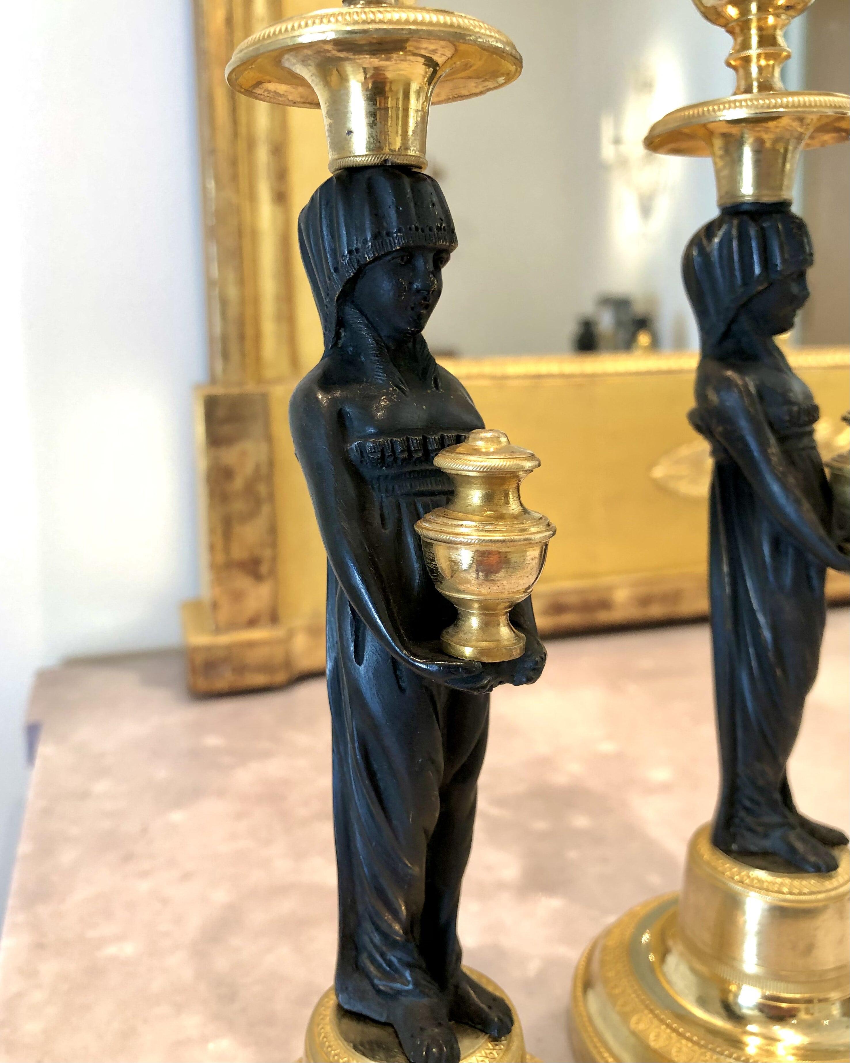 Austrian Pair of Neoclassical Ormolu Patinated Candlesticks with Vestal Figures