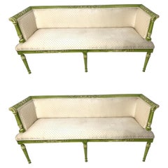 Pareja de Sillones Neoclásicos Pintados y Decorados en Verde con Tapicería Crema