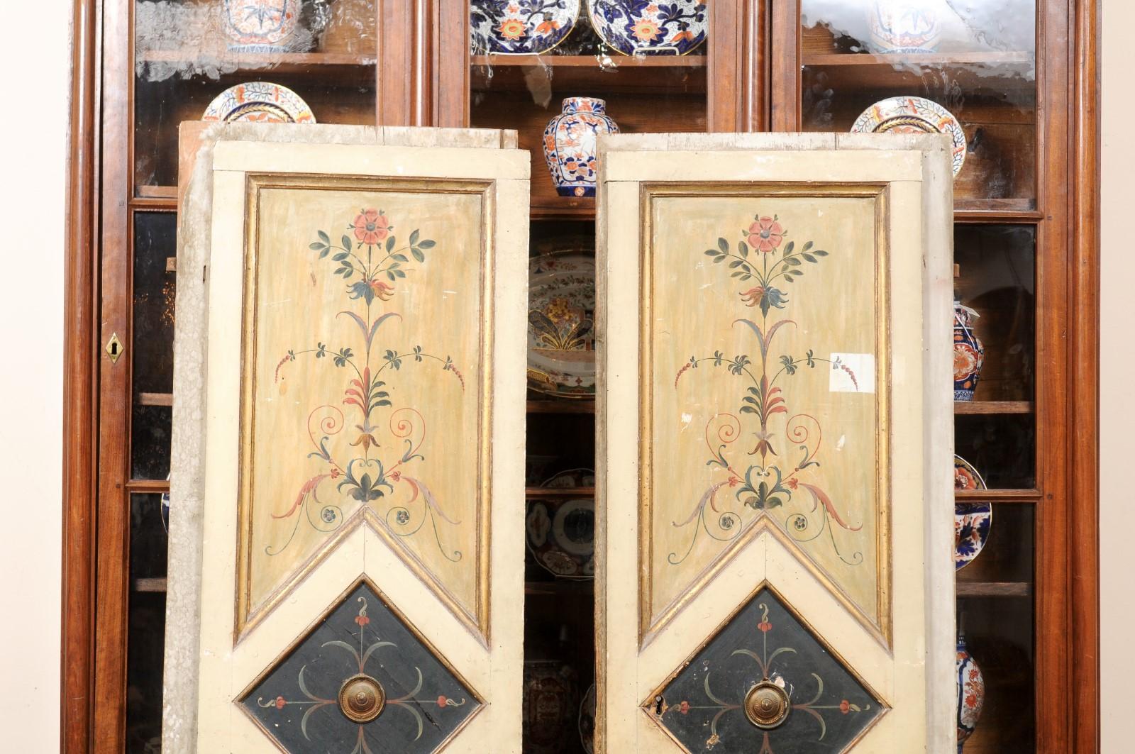 Wood Pair of Neoclassical Painted Doors with Arabesque Designs, ca. 1800 For Sale