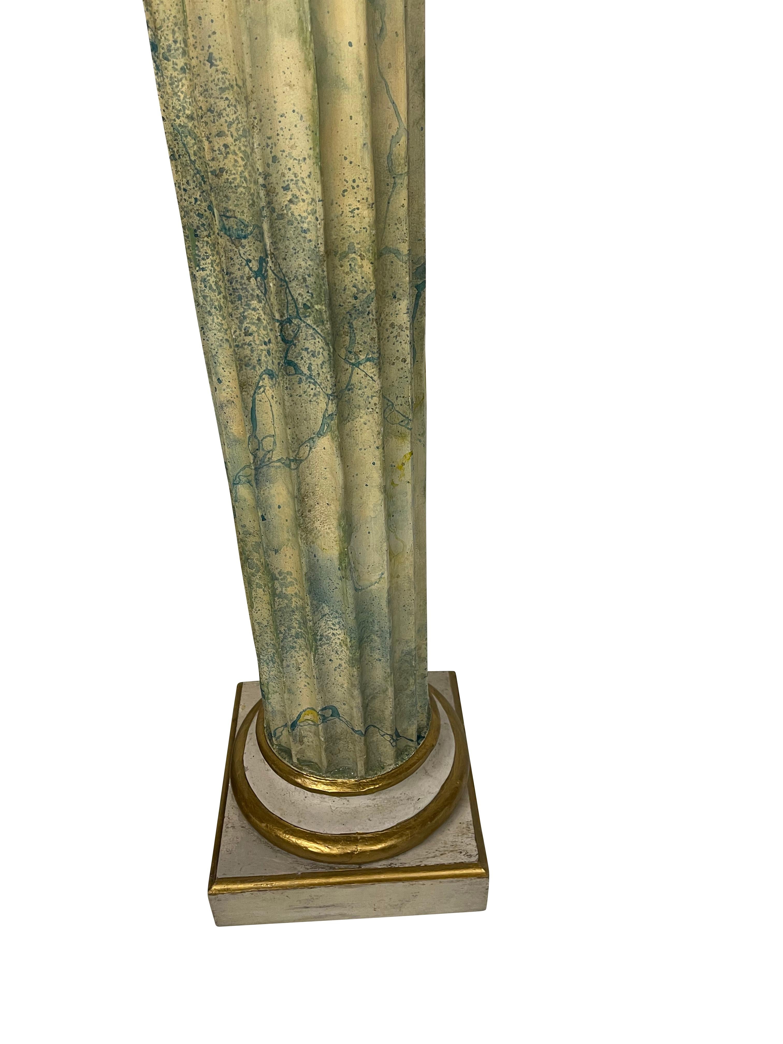 Hand-Crafted Pair of Neoclassical Painted Green/ Blue Urns and Stands with Faux Marble