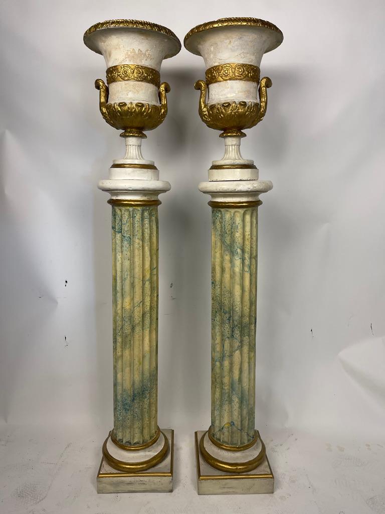 Pair of Neoclassical Painted Green/ Blue Urns and Stands with Faux Marble In Good Condition In Essex, MA