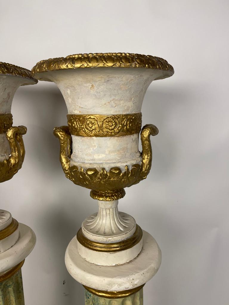 20th Century Pair of Neoclassical Painted Green/ Blue Urns and Stands with Faux Marble