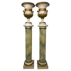 Pair of Neoclassical Painted Green/ Blue Urns and Stands with Faux Marble