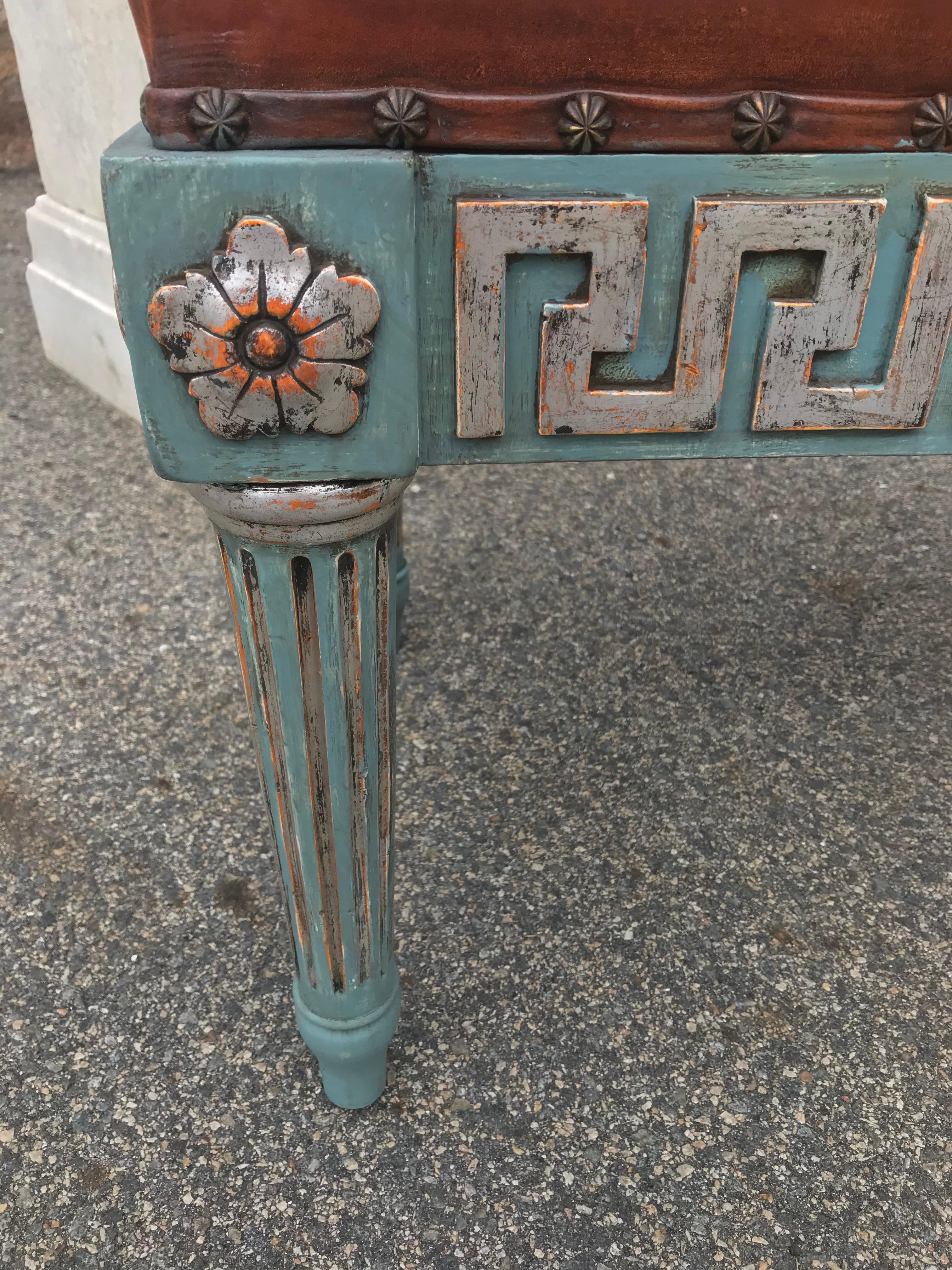 Pair of Painted and Silver Gilt Neoclassical style Footstools 

--All wood appliqués of Greek Key motif and Rosettes
--robin's egg blue to grey