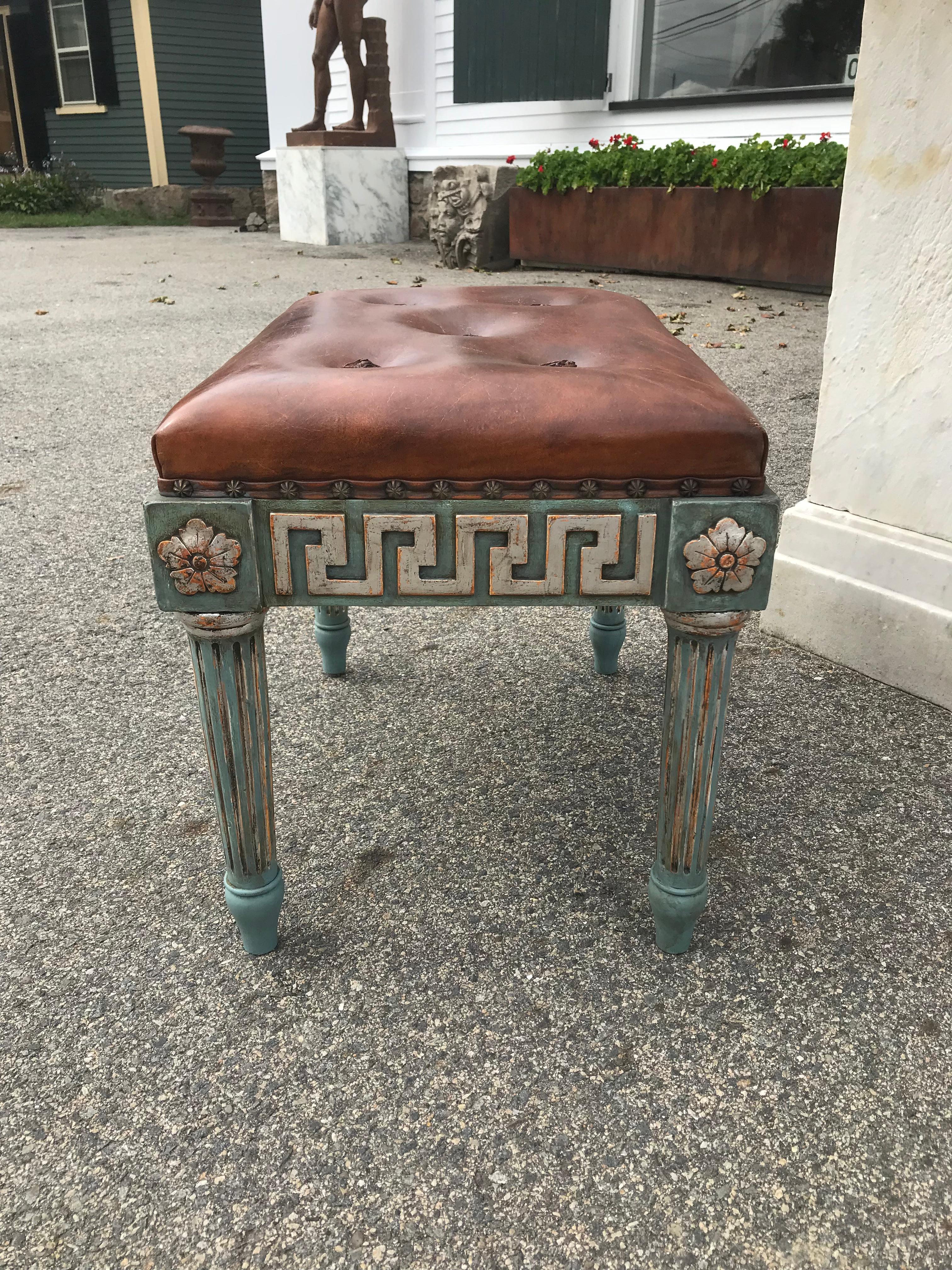 Pair of Neoclassical Style Painted Stools with Greek Key  In Good Condition In Essex, MA