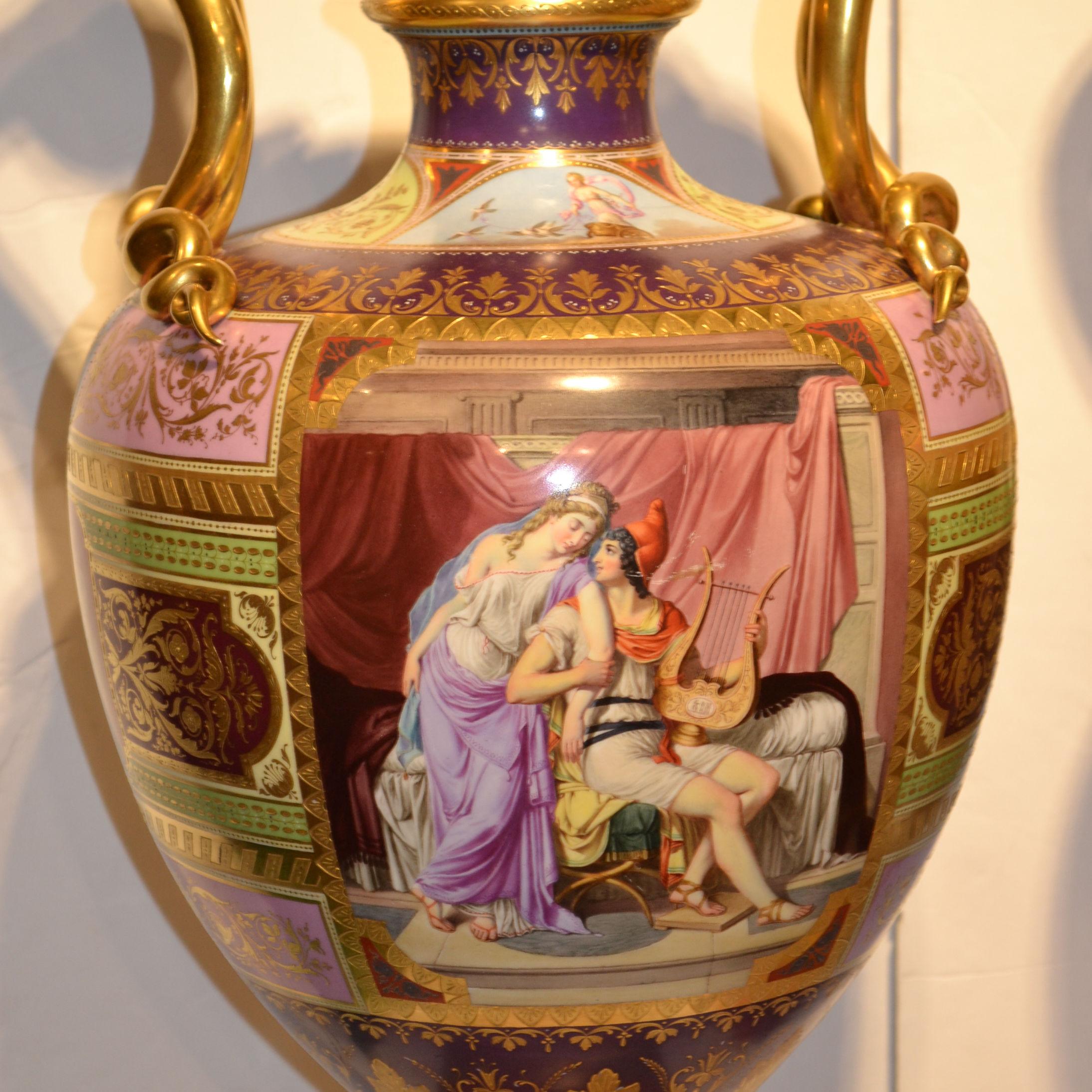 Pair of finest quality palatial 19th century Royal Vienna porcelain vases finely hand painted with neoclassical scenes.
  