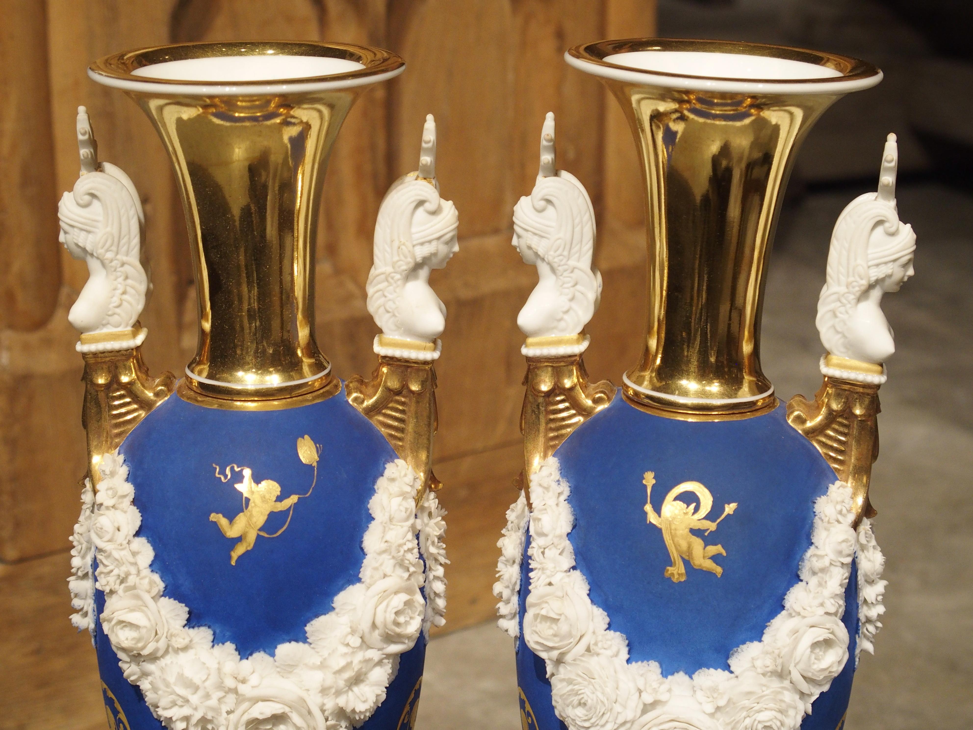 Pair of Neoclassical Paris Porcelain Vases in Royal French Blue, Early 1800s 11