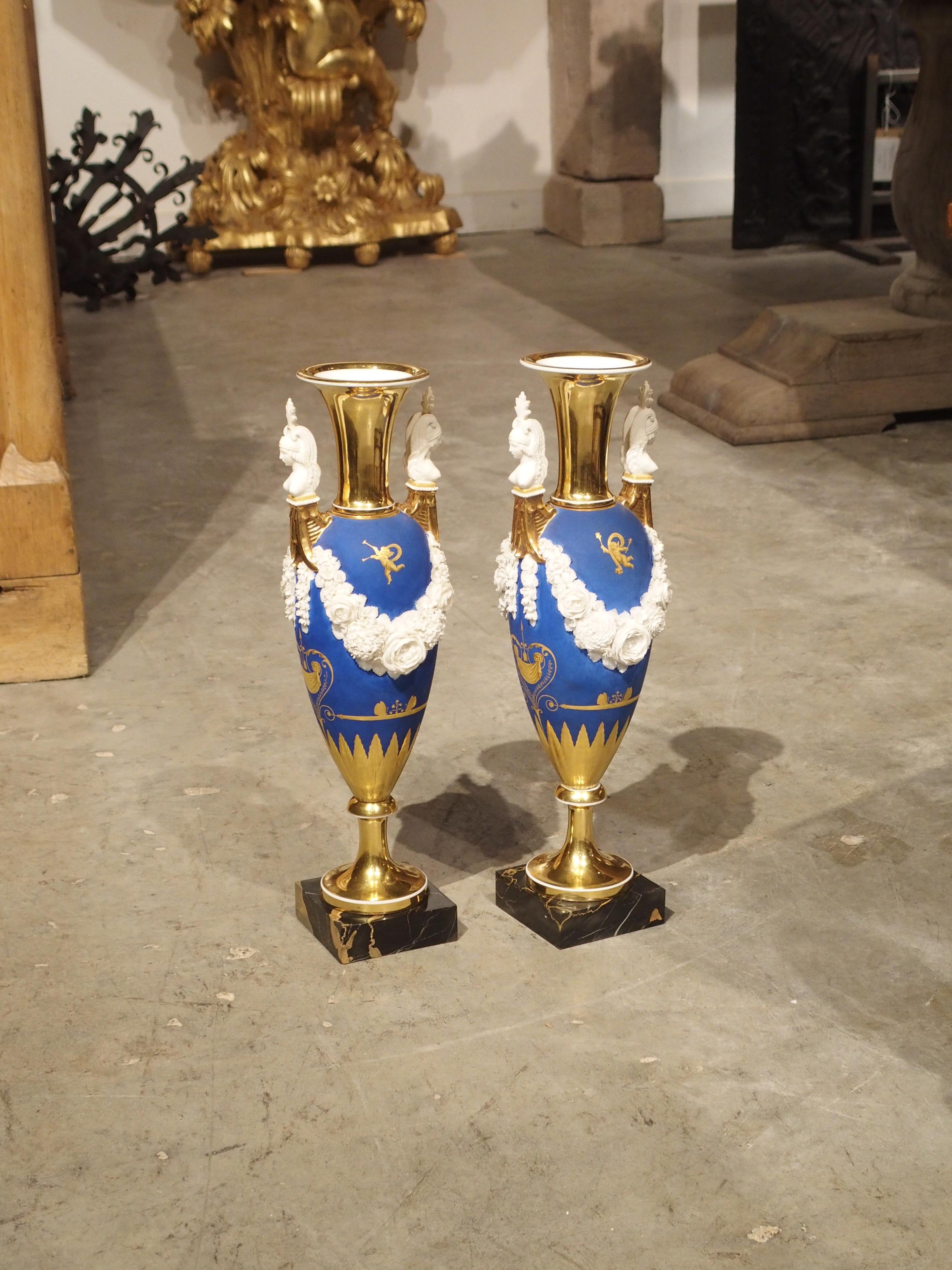 This pair of Paris porcelain neoclassical style vases from the early 1800s have stunning details and rich coloration.

Old Paris porcelain, or Vieux Paris, is the term given to the elaborate hard-paste porcelain products created in Paris from the