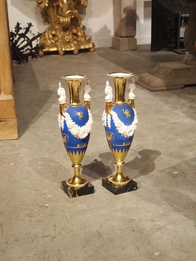 This pair of Paris porcelain neoclassical style vases from the early 1800s have stunning details and rich coloration.

Old Paris porcelain, or Vieux Paris, is the term given to the elaborate hard-paste porcelain products created in Paris from the
