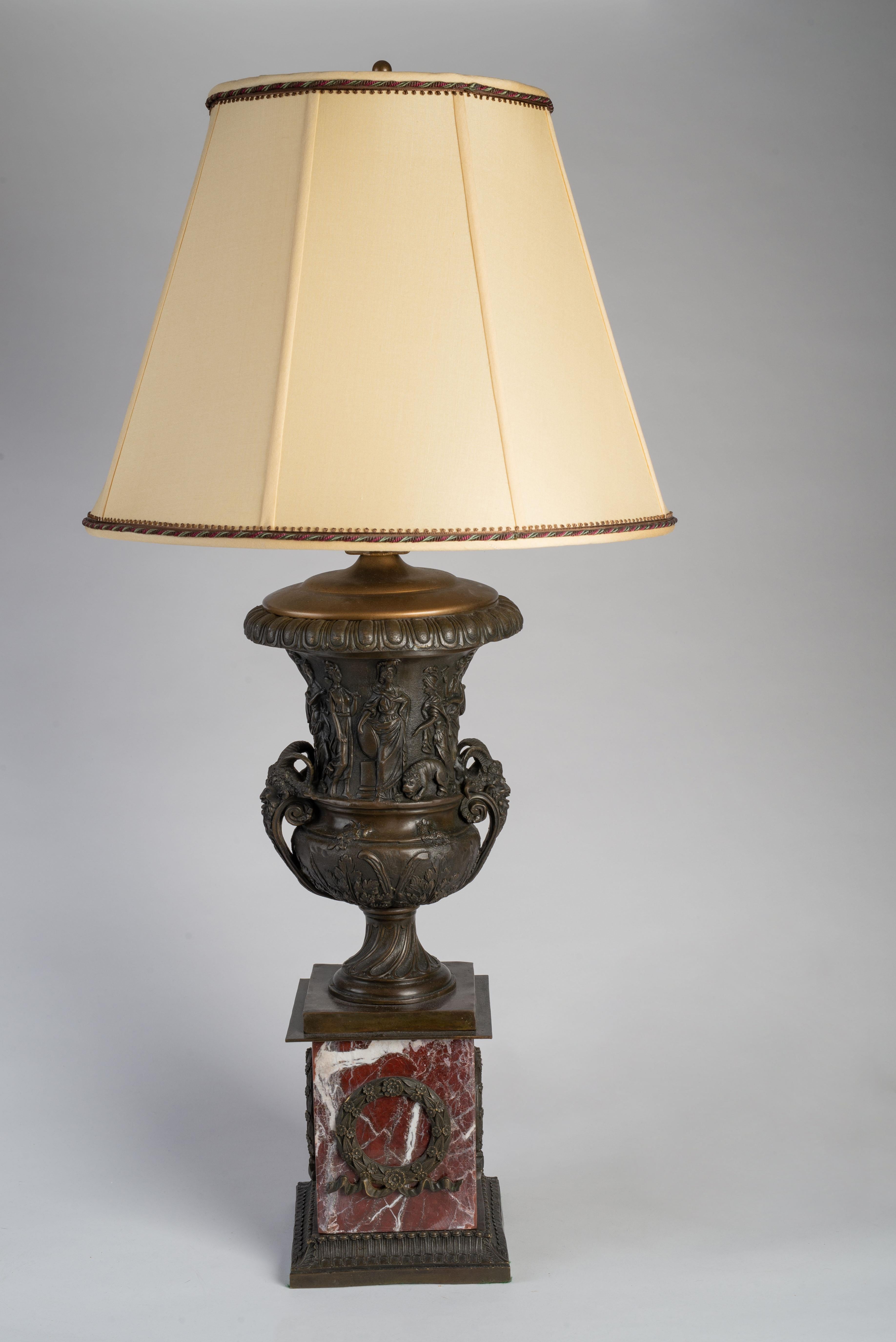 French Pair of Neoclassical Patinated Bronze and Red Marble Urns Mounted as Lamps For Sale