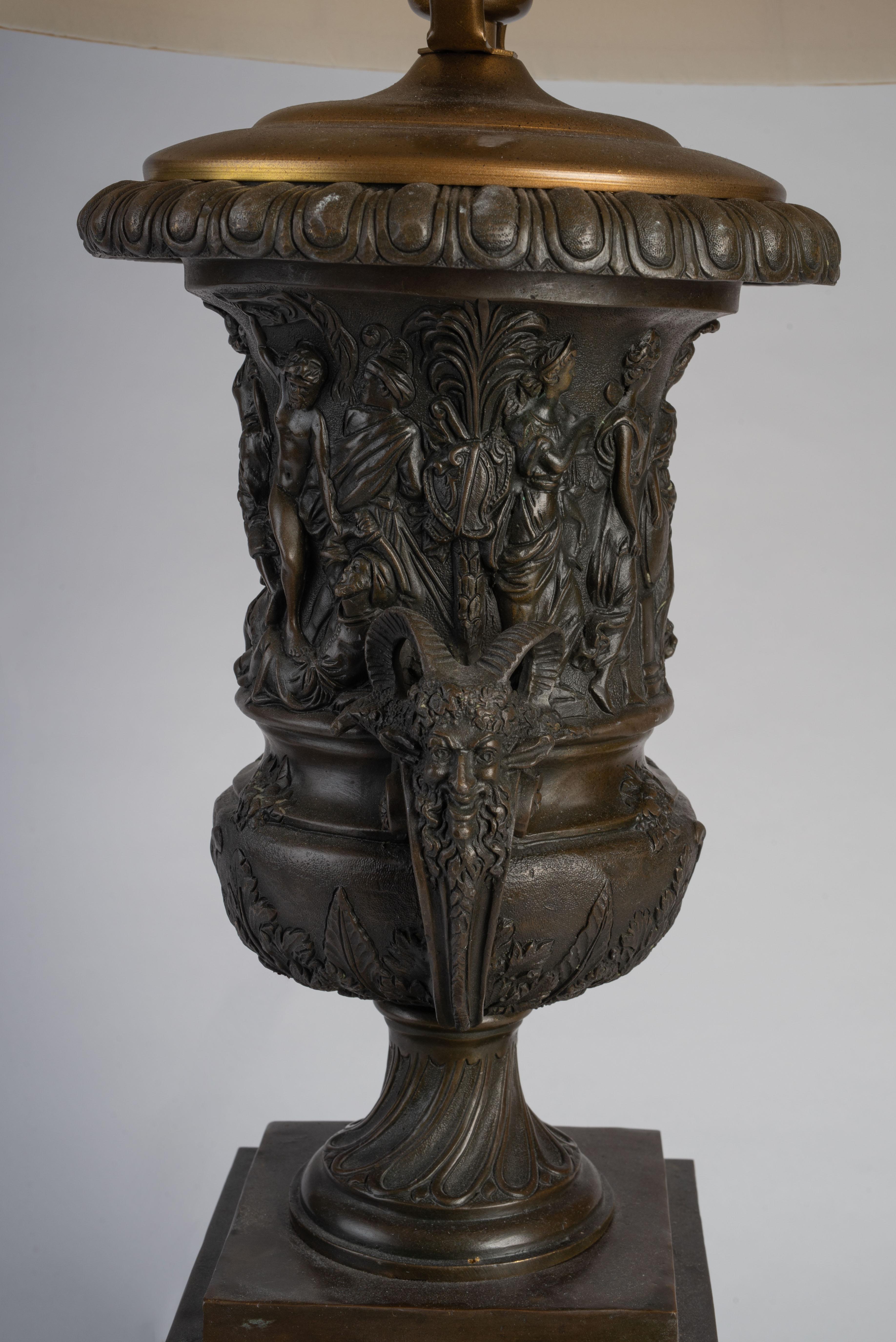 19th Century Pair of Neoclassical Patinated Bronze and Red Marble Urns Mounted as Lamps For Sale