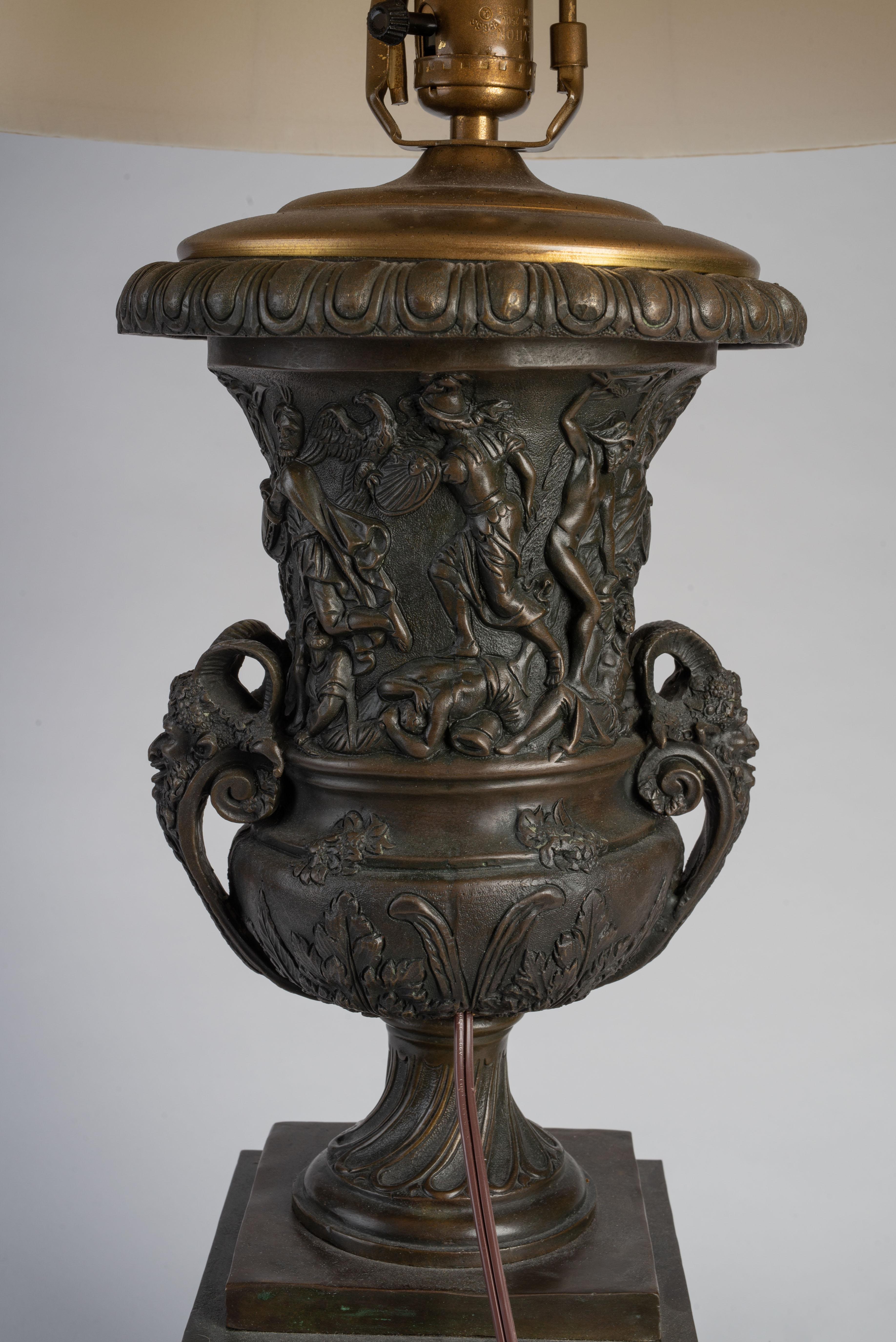 Pair of Neoclassical Patinated Bronze and Red Marble Urns Mounted as Lamps For Sale 1