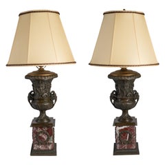 Pair of Neoclassical Patinated Bronze and Red Marble Urns Mounted as Lamps