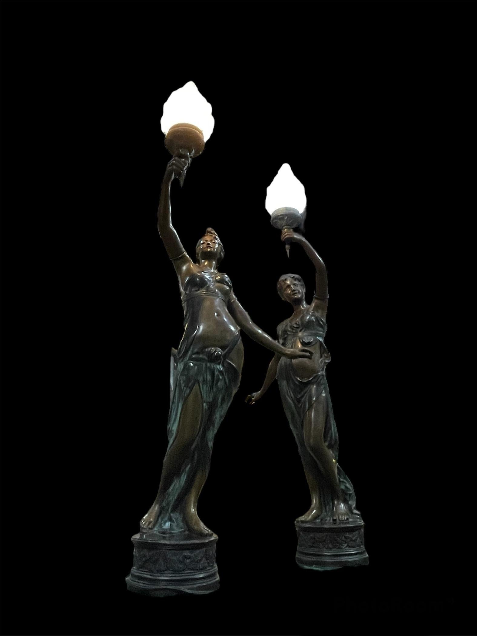 Pair of Neoclassical Patinated Bronze Nymphs Sculptures Torchere Lamps/Pedestal For Sale 4