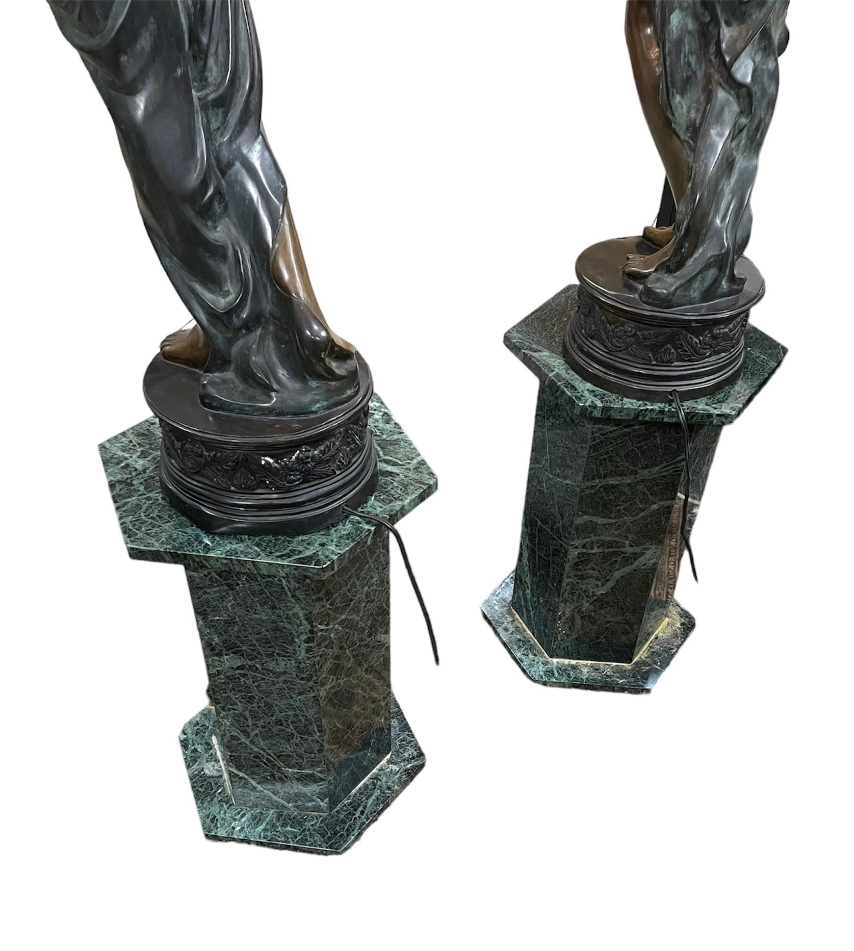 Pair of Neoclassical Patinated Bronze Nymphs Sculptures Torchere Lamps/Pedestal For Sale 7